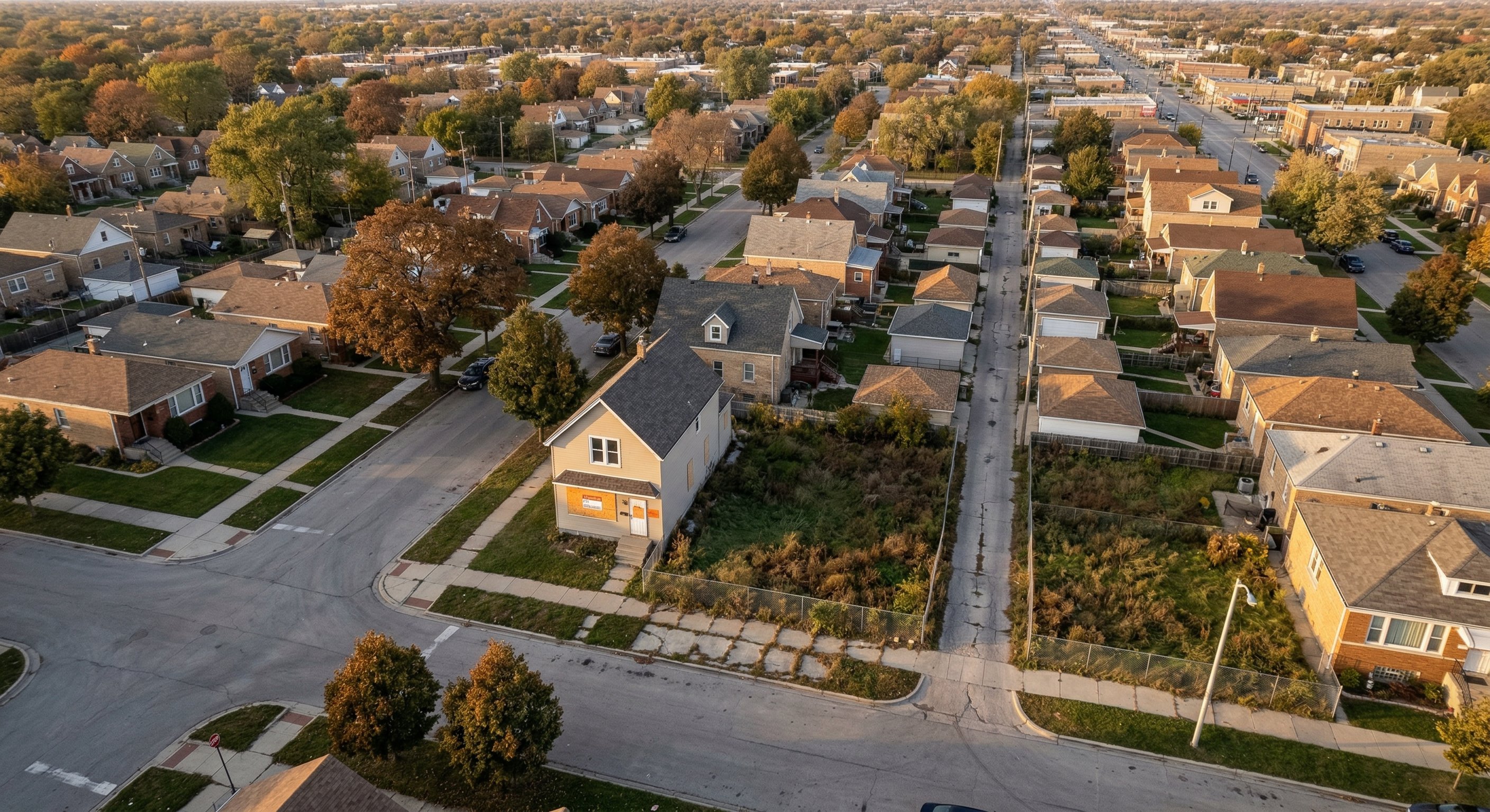 Aerial drone view of a Chicago south suburb neighborhood showing a mix of well-maintained homes and visibly distressed vacant properties with overgrown lots