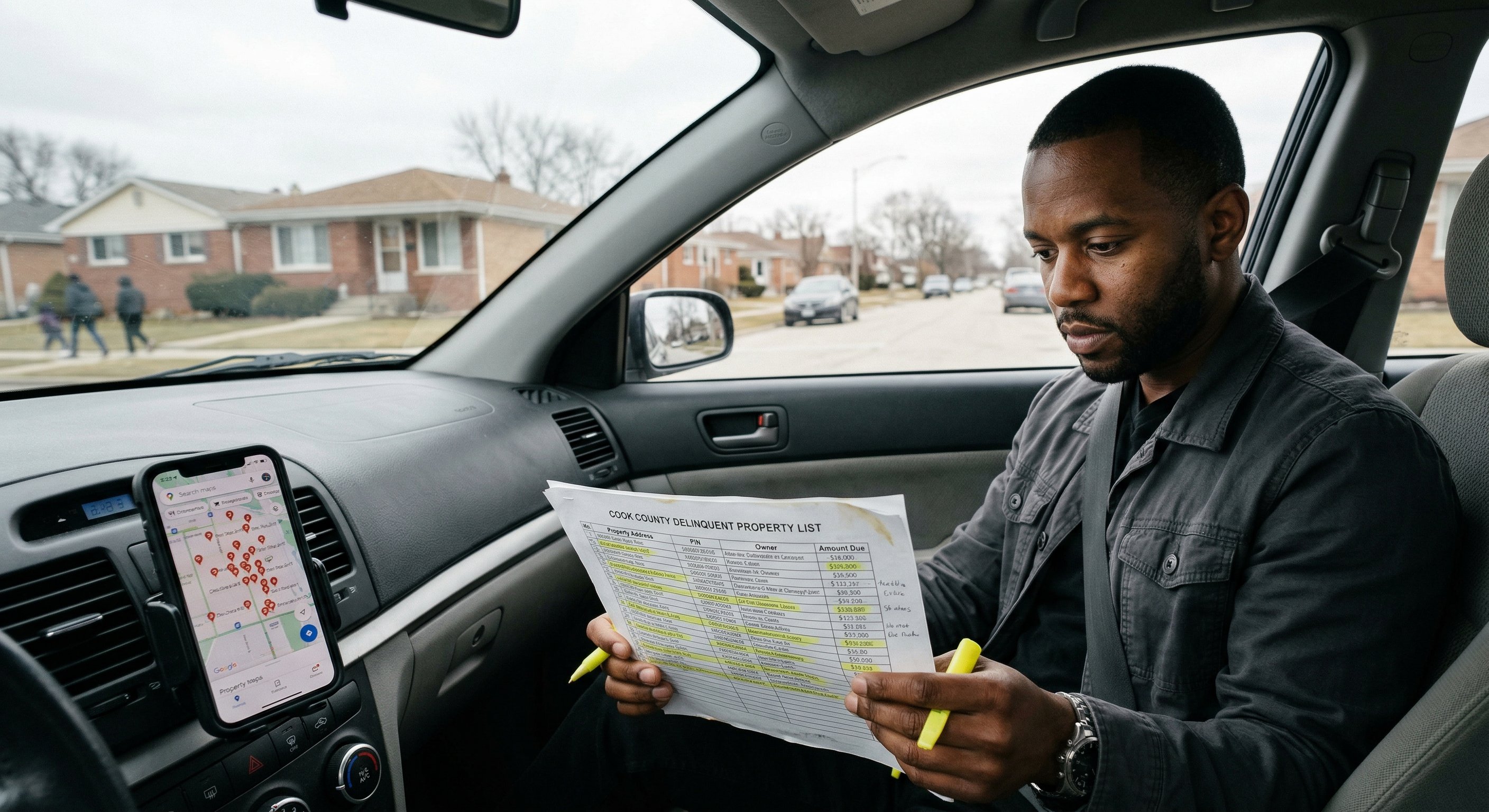 Real estate investor reviewing a printed list of Cook County delinquent properties in a car between property visits, tablet showing a digital map with distress signal pins nearby on the passenger seat