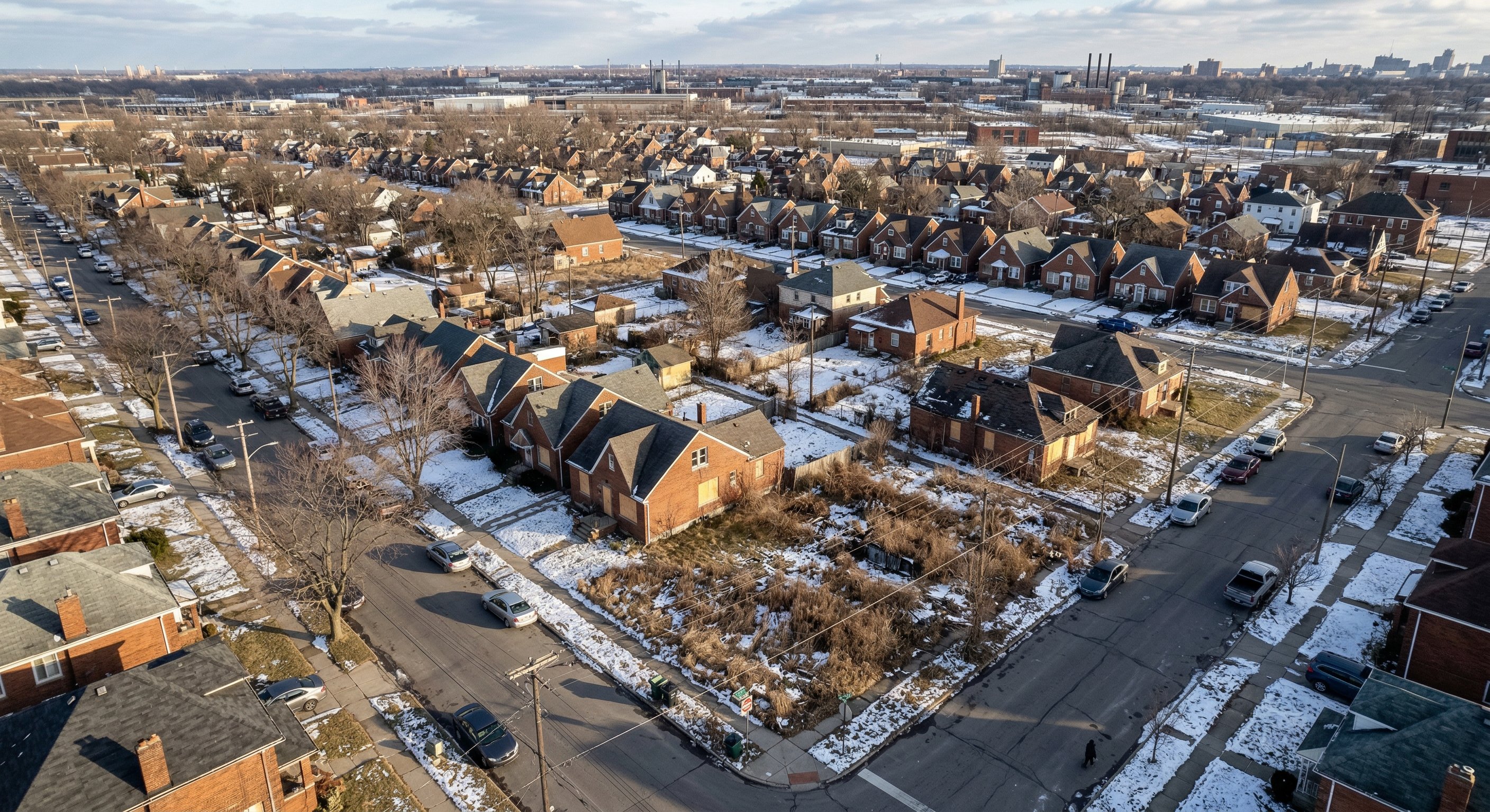 Aerial drone view of a Michigan neighborhood in Wayne County showing a mix of occupied and vacant homes, late afternoon winter light, DJI Mavic 3 wide-angle lens, real estate aerial photography