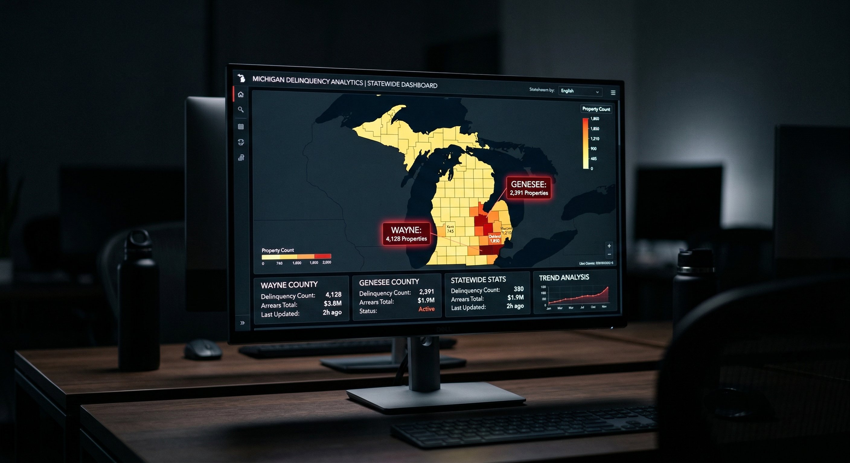 Stylized data dashboard showing Michigan county map with color-coded delinquency intensity overlays — Wayne, Genesee, and Macomb counties highlighted in red with property count metrics, dark UI, modern analytics design, technology product photography