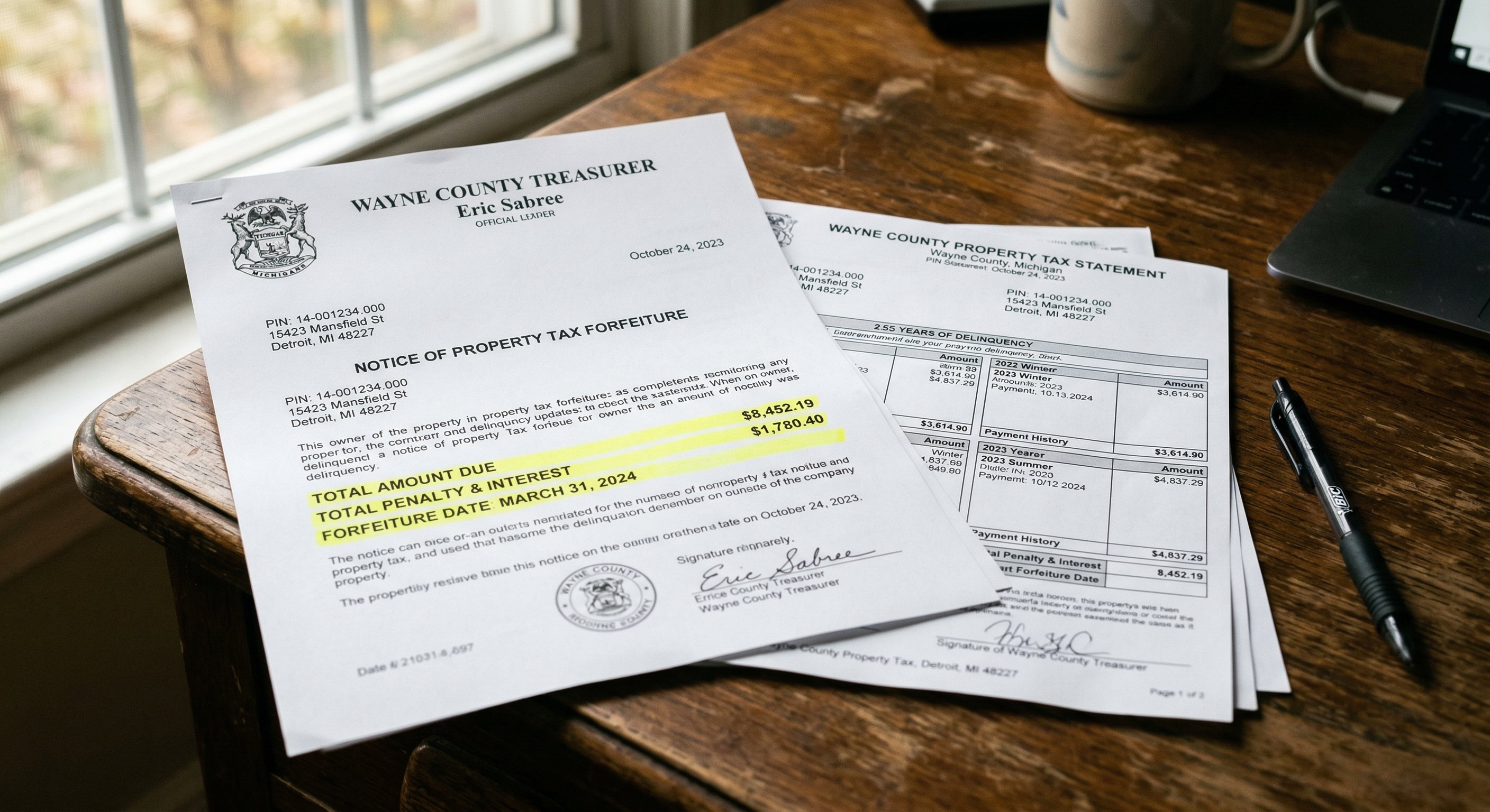Close-up of forfeiture notice documents on a wooden desk — Wayne County Michigan tax forfeiture papers, property tax statement with penalty amounts highlighted, county seal visible, soft directional light, documentary photography with shallow depth of field