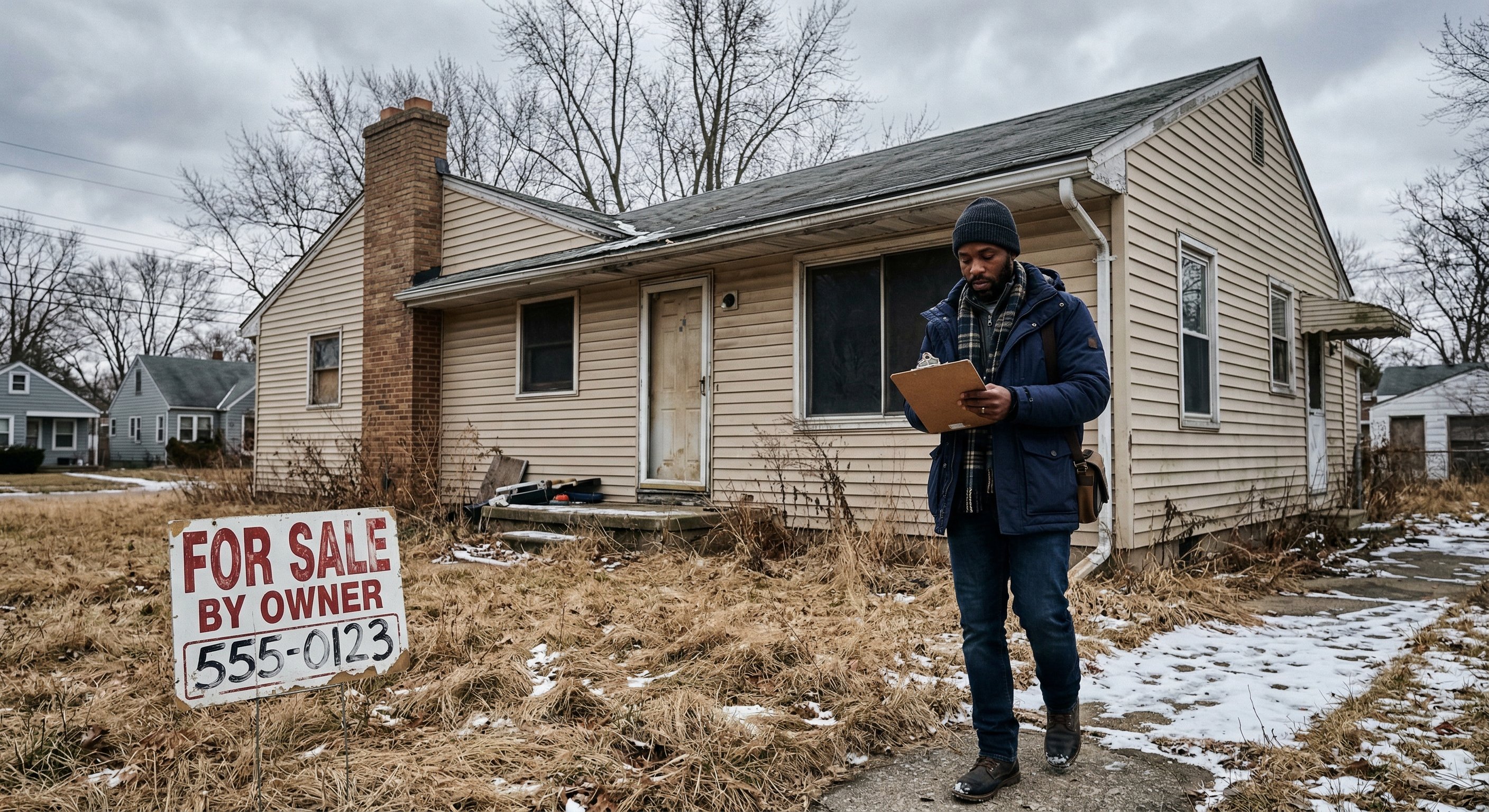 Investor in his late 30s walking the exterior of a vacant Michigan ranch home with worn tan siding and snow on the ground, holding a clipboard with property information, daylight overcast sky, shot on 35mm at f/4, lifestyle documentary photography, natural skin texture