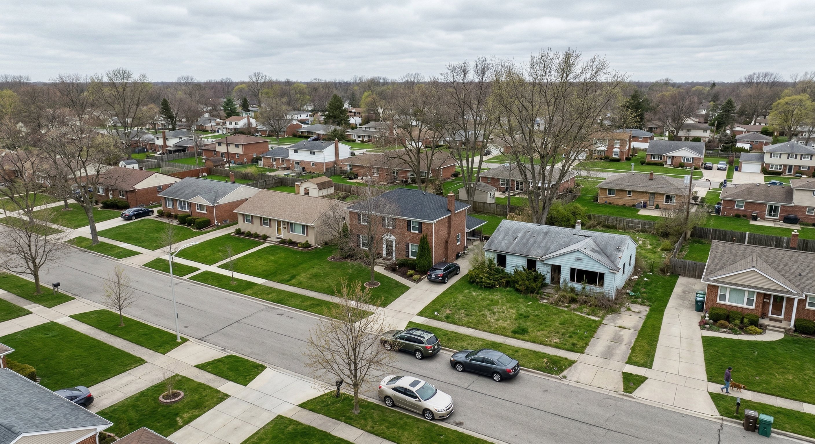 Michigan suburban neighborhood street in early spring — modest ranch and colonial homes on a tree-lined residential block, some with visible vacancy signs, afternoon light, aerial neighborhood perspective at 200 feet, documentary real estate photography