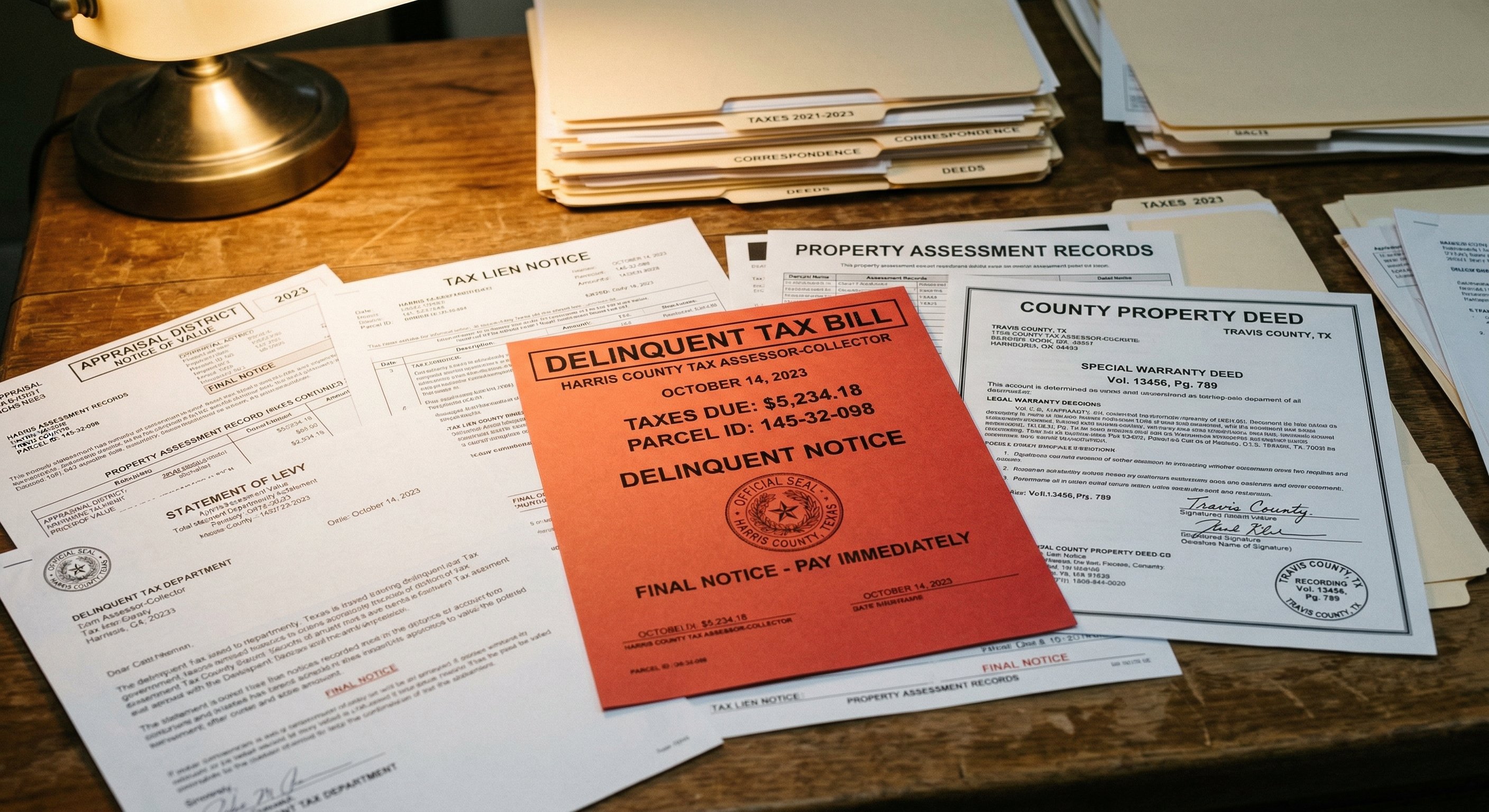 Close-up of tax delinquency notices and property deed documents spread on a wooden desk, county recorder stamp visible, warm desk lamp illuminating the papers, documentary-style photography, 50mm lens, natural light