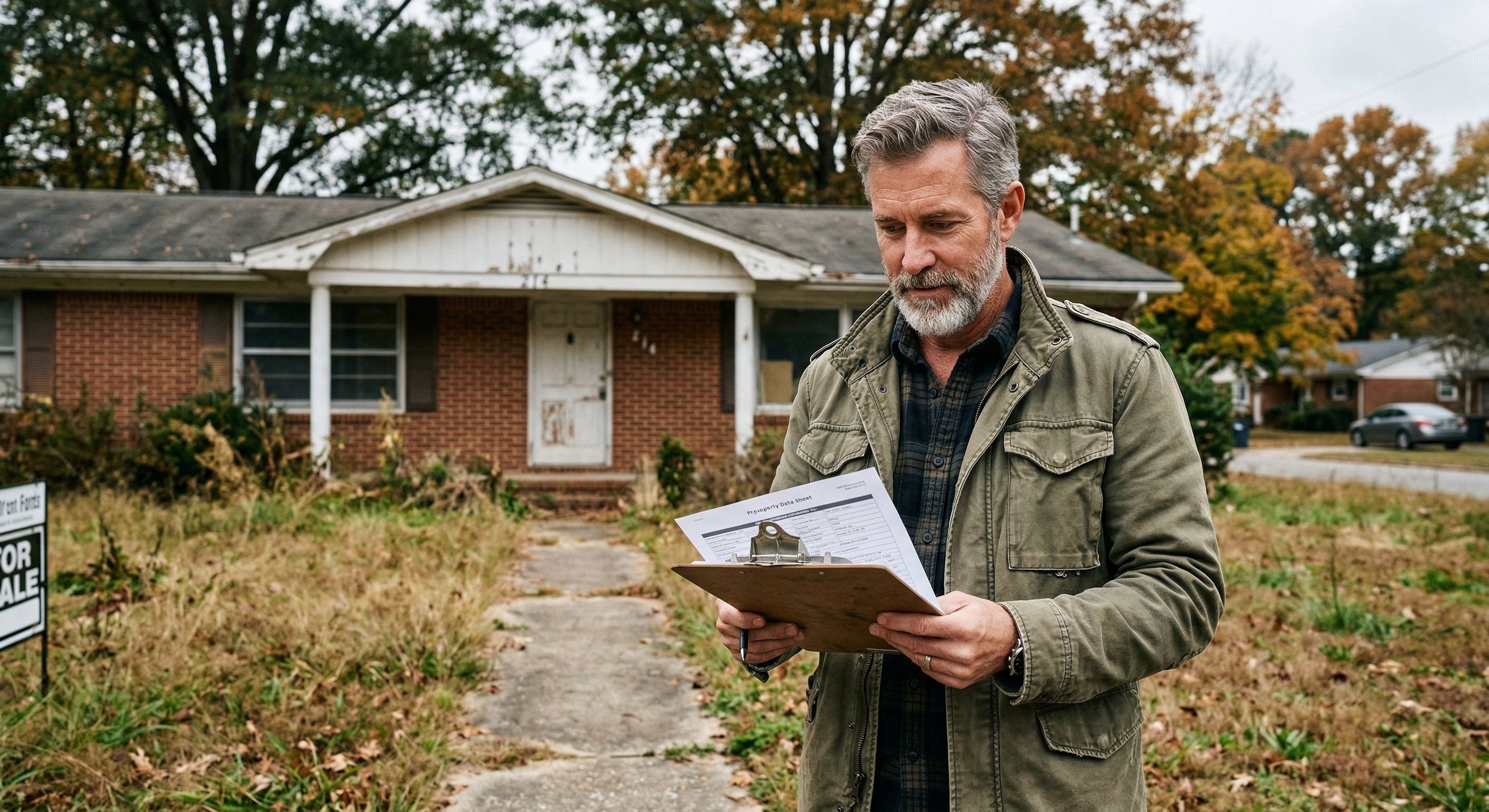 Real estate investor in his 50s in a canvas jacket standing at the front walkway of a vacant 1970s ranch home with overgrown yard in North Carolina, reviewing a printed property data sheet, overcast natural light, shot with 50mm lens, editorial documentary photography