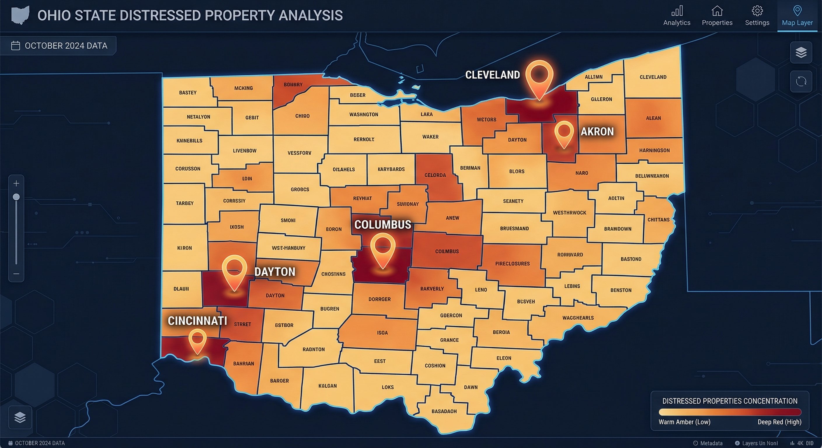 Stylized map of Ohio with county boundaries highlighted, showing major metro areas Columbus, Cleveland, Cincinnati, Dayton, and Akron with warm overlay tones, data visualization style, clean dark background