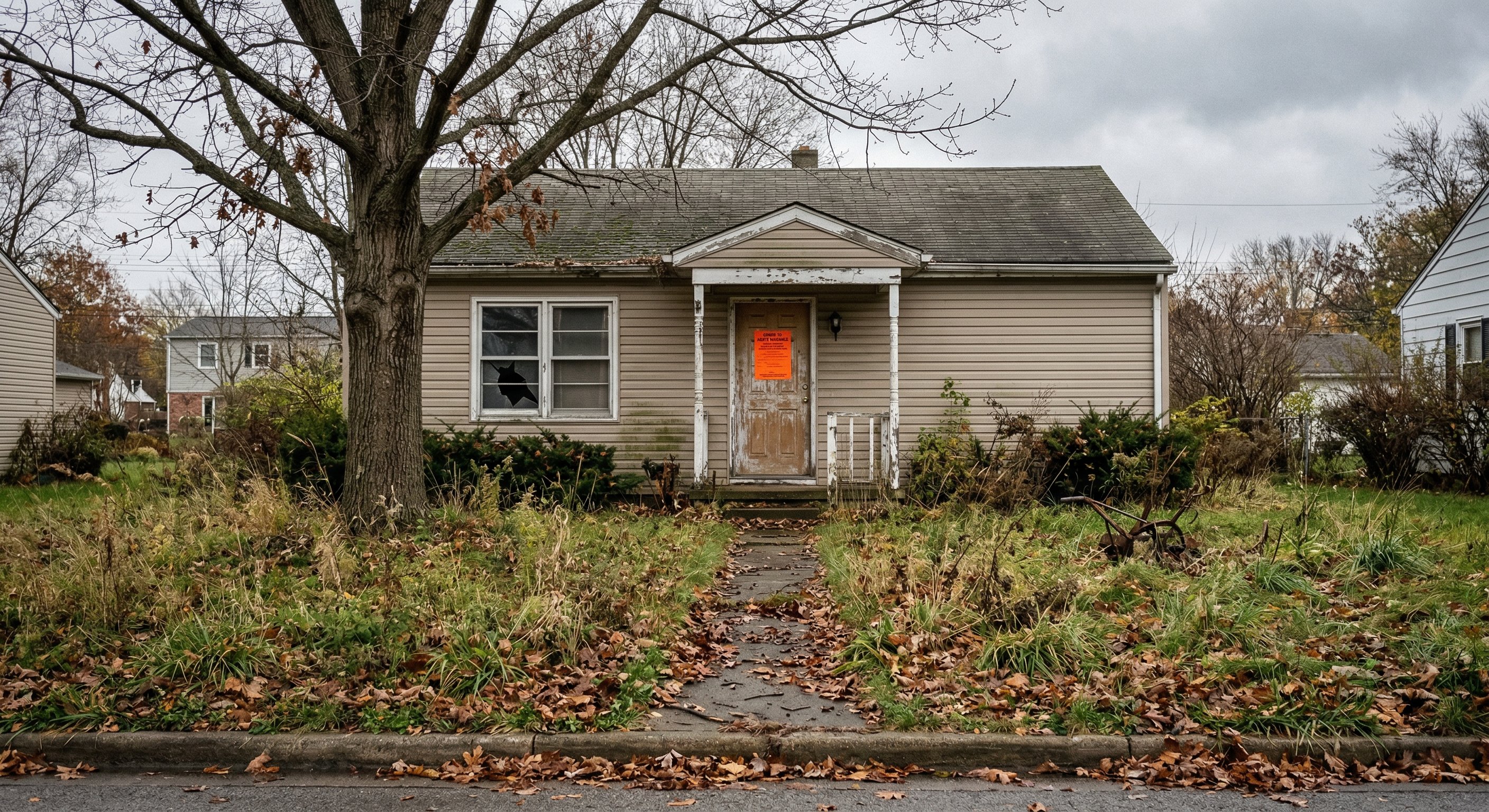 Neglected single-story Ohio ranch home with overgrown lawn, peeling paint on wooden siding, and a county notice posted on the front door, overcast midwest sky, street-level photograph, documentary real estate photography