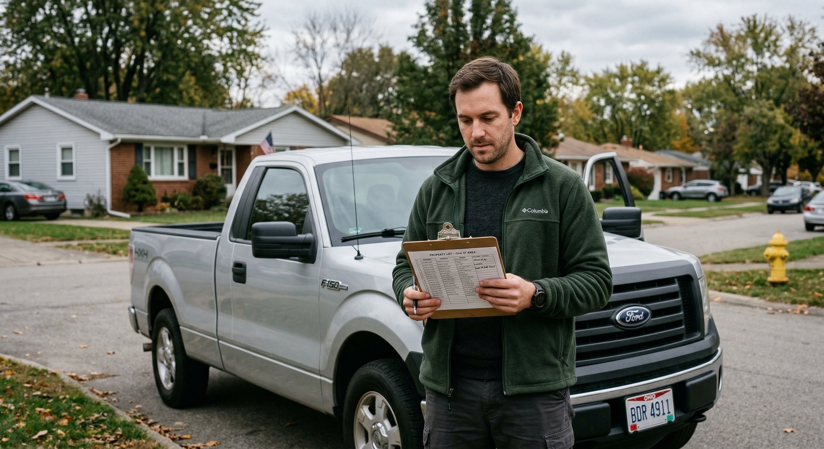 Investor in their mid-30s wearing a fleece jacket reviewing a printed list of properties on a clipboard while standing next to a pickup truck parked in front of a house in a residential Ohio neighborhood, overcast light, candid documentary style, natural skin texture with catchlight in eyes