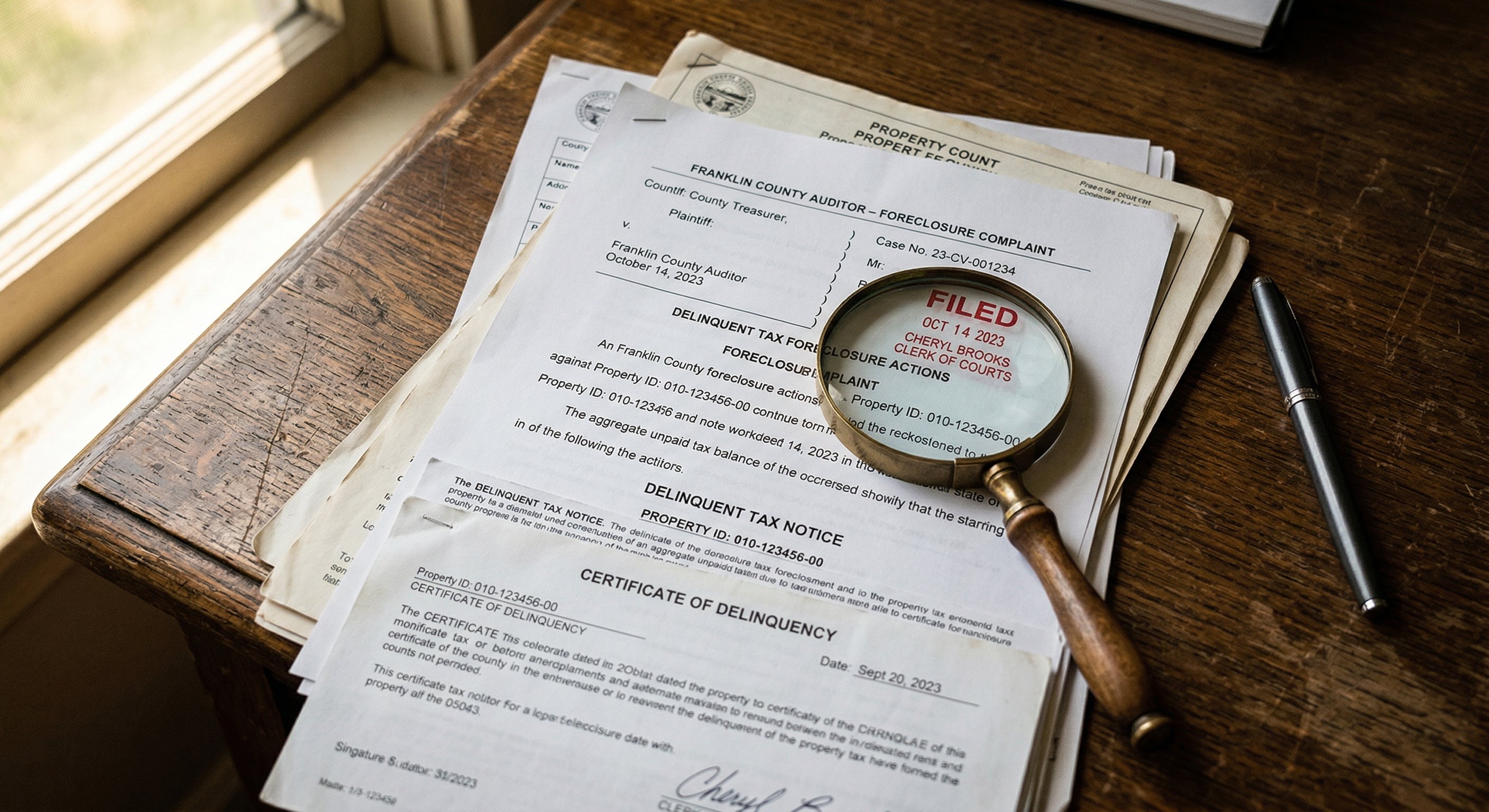 Stack of official Ohio property tax documents on a worn wooden desk — foreclosure complaint paperwork, county auditor notices with official stamps, a magnifying glass, realistic documentary overhead photograph with natural window light from the left