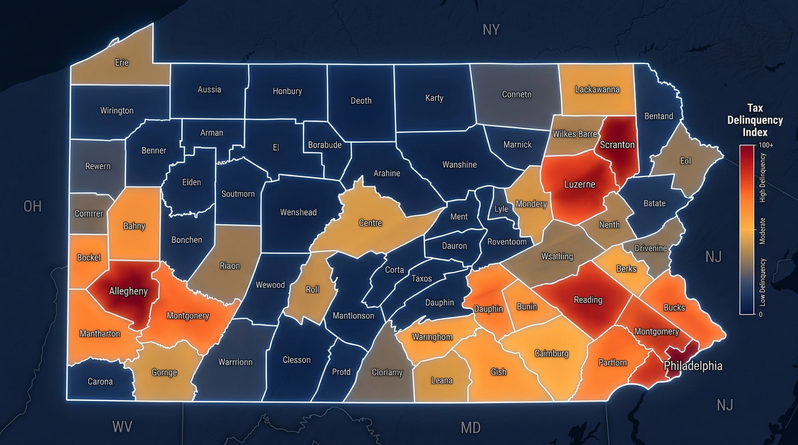 Pennsylvania county map showing tax delinquency concentrations with heat overlay across the state's 67 counties