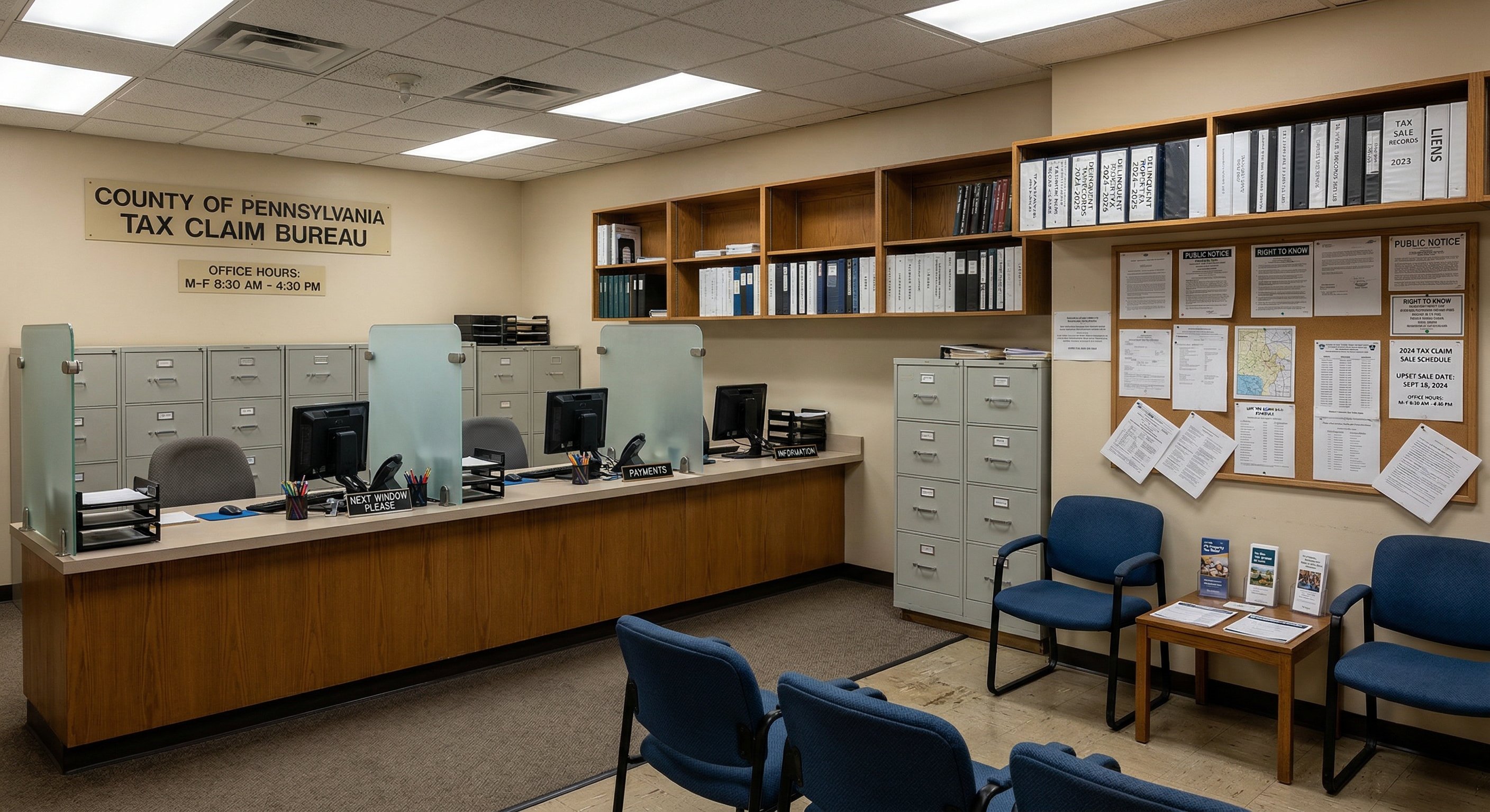 County Tax Claim Bureau office with filing cabinets and delinquent property records — Pennsylvania's institutional system for processing tax delinquencies