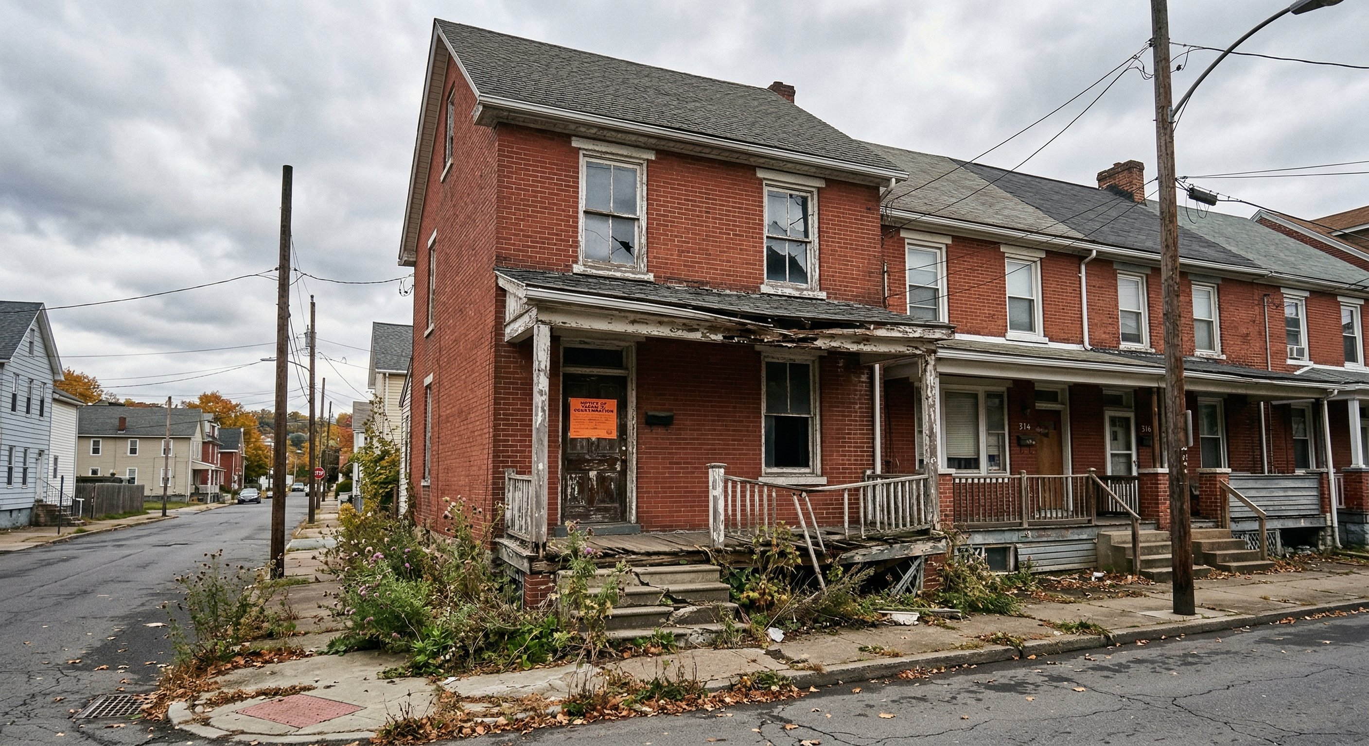 Vacant older home in a Pennsylvania neighborhood with visible neglect — typical of properties reaching Upset Tax Sale after 2+ years of delinquency