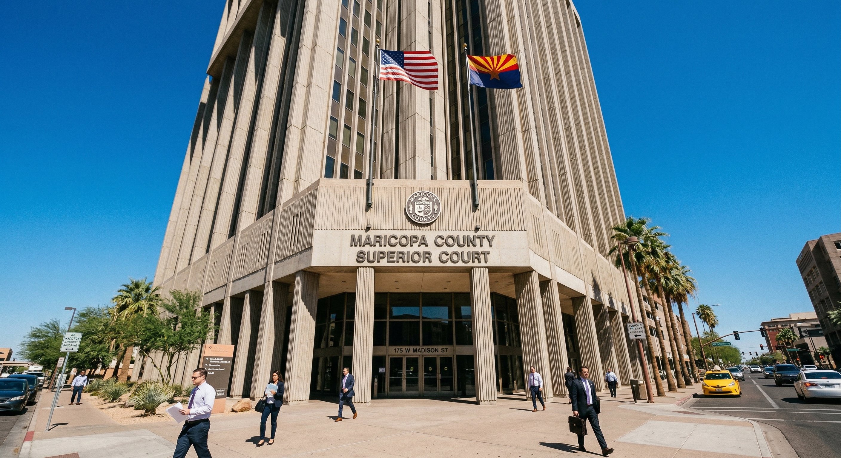 Photorealistic photograph of Maricopa County Superior Courthouse exterior in downtown Phoenix, classic government architecture with concrete pillars and "MARICOPA COUNTY" lettering visible, shot from a low angle looking up, warm Arizona sunlight, clear blue sky, documentary photography style