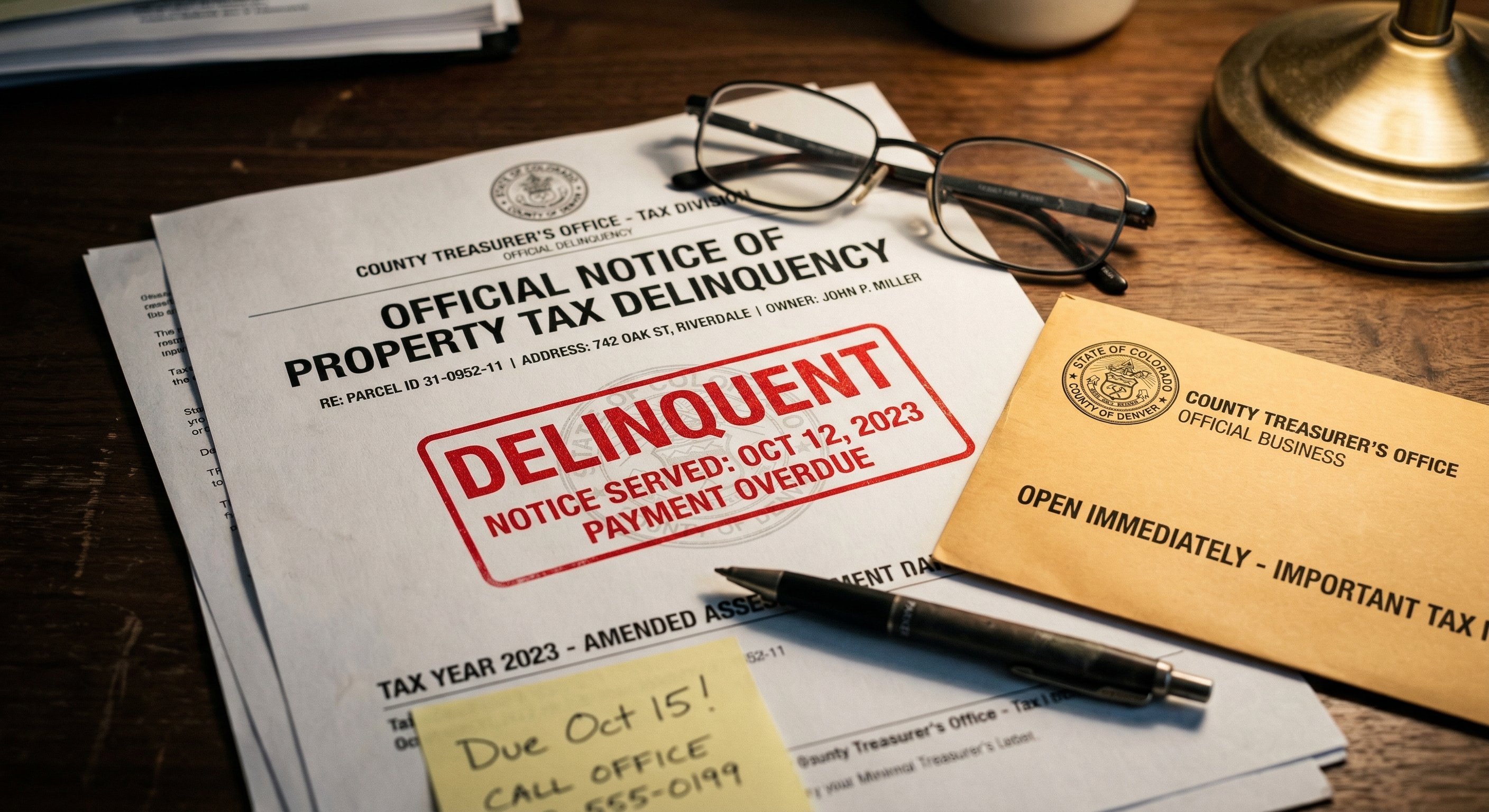 Close-up photorealistic photograph of property tax delinquency notices and county treasurer documents spread on a wooden desk, official Arizona county stamp visible on a formal notice, warm desk lamp light, shallow depth of field focusing on the documents, legal records documentary photography