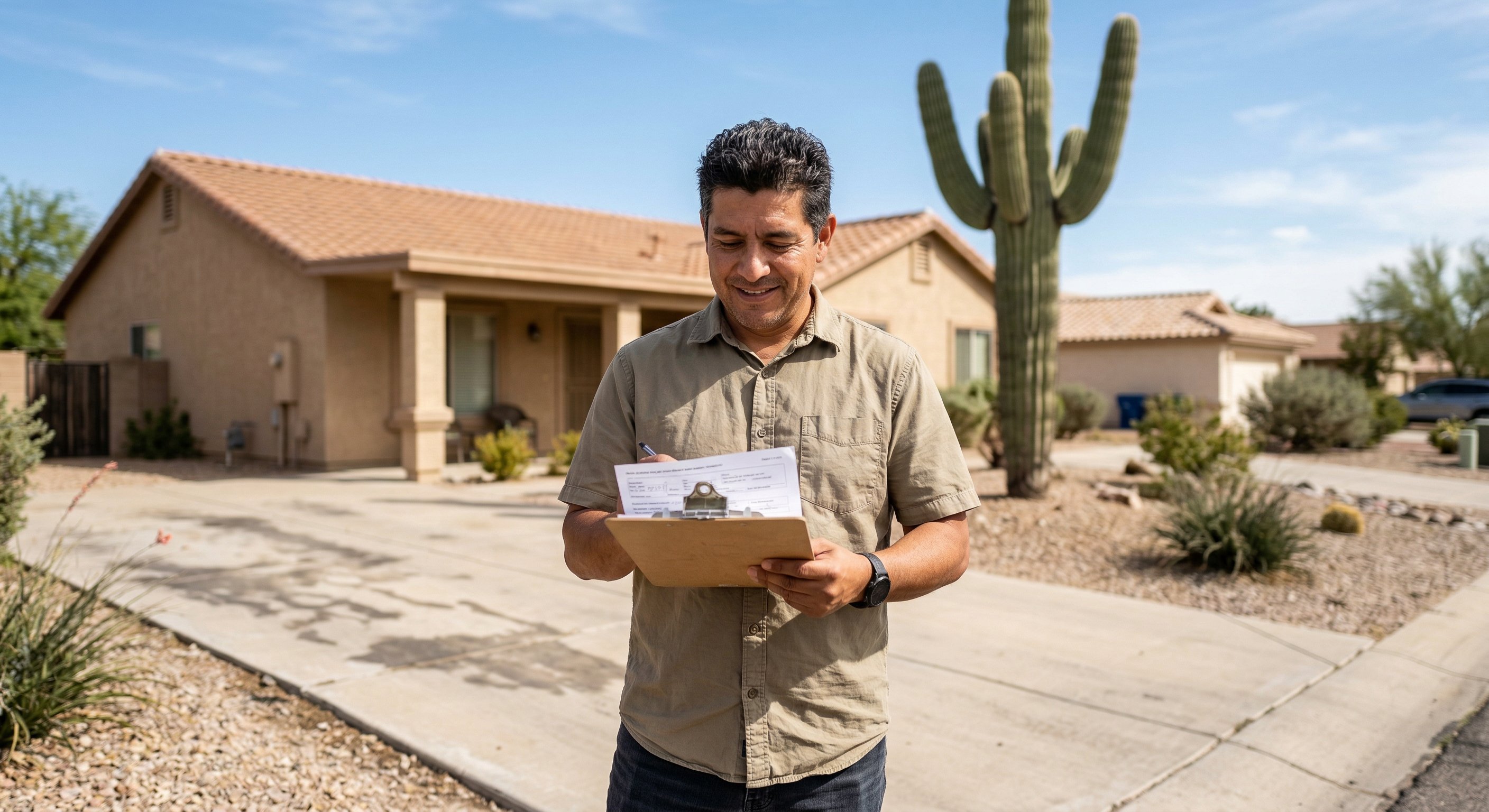 Photorealistic photograph of a desert real estate investor in his 40s with short dark hair, khaki shirt, reviewing a clipboard with property documents while standing on the driveway of a tan stucco ranch home with gravel landscaping and a saguaro cactus in the background, sunlit Arizona afternoon, natural catchlight in eyes, medium shot from slight angle, documentary lifestyle photography