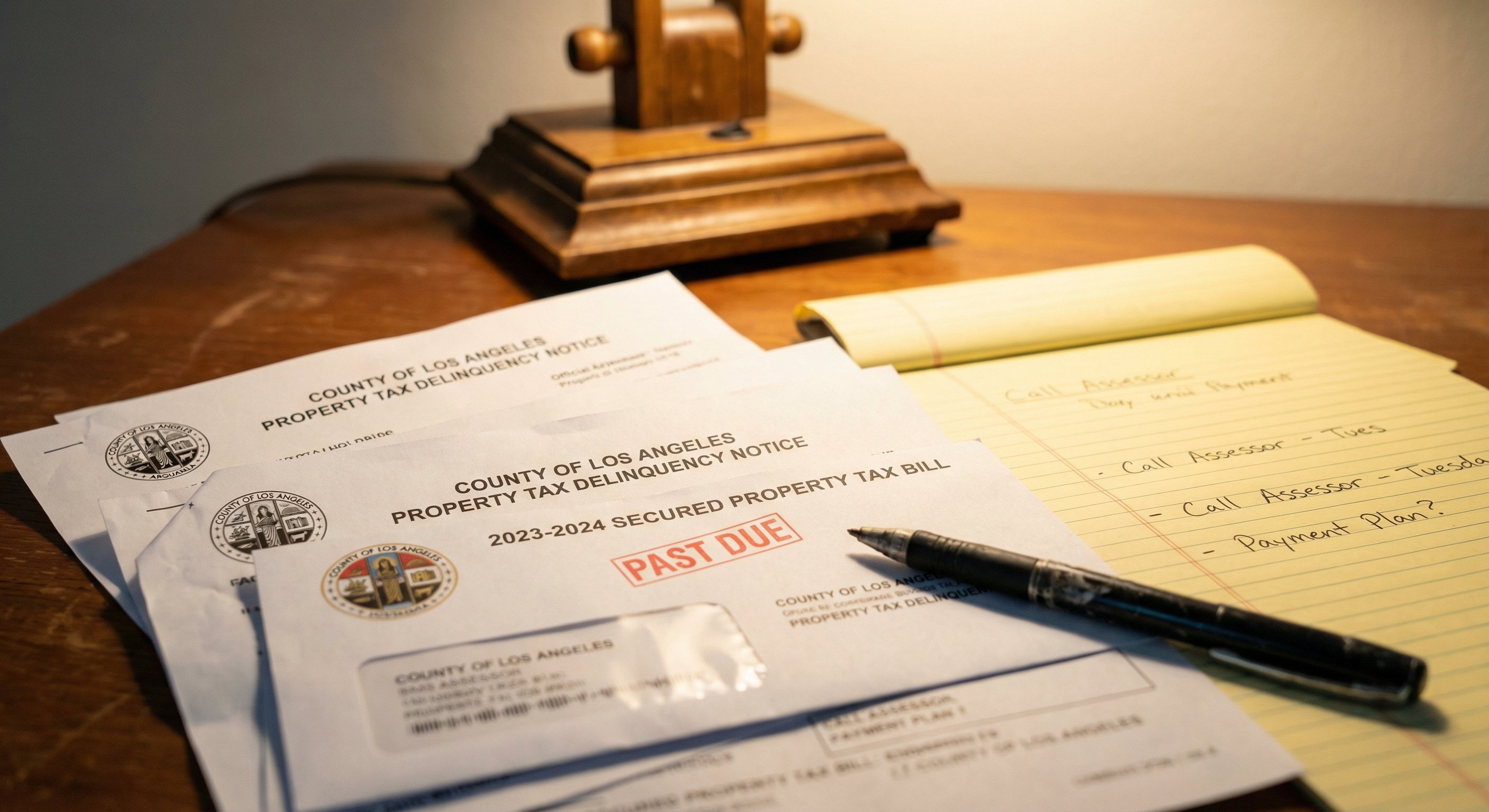 A photorealistic close-up photograph of California county property tax documents spread on a desk — delinquency notice letters, a tax bill with red "PAST DUE" stamp visible, a pen resting on a legal pad with handwritten notes. Warm desk lamp light, shallow depth of field, documentary style real estate photography.