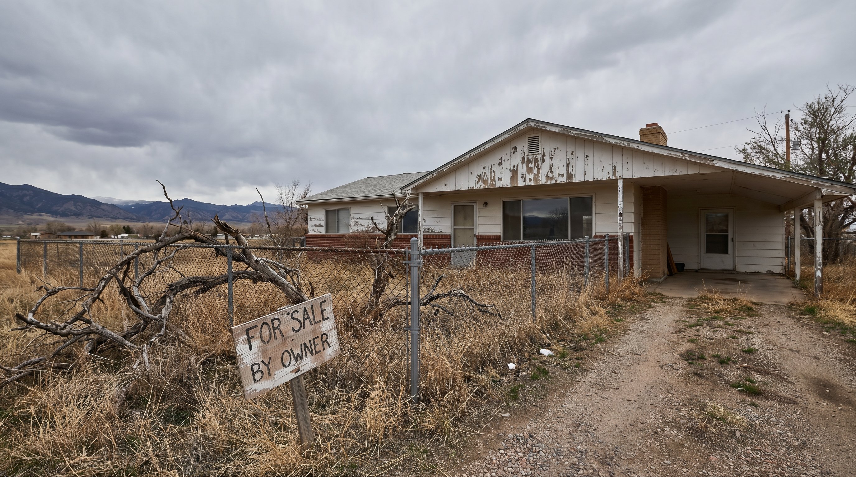 Colorado ranch home showing signs of exterior neglect and vacancy