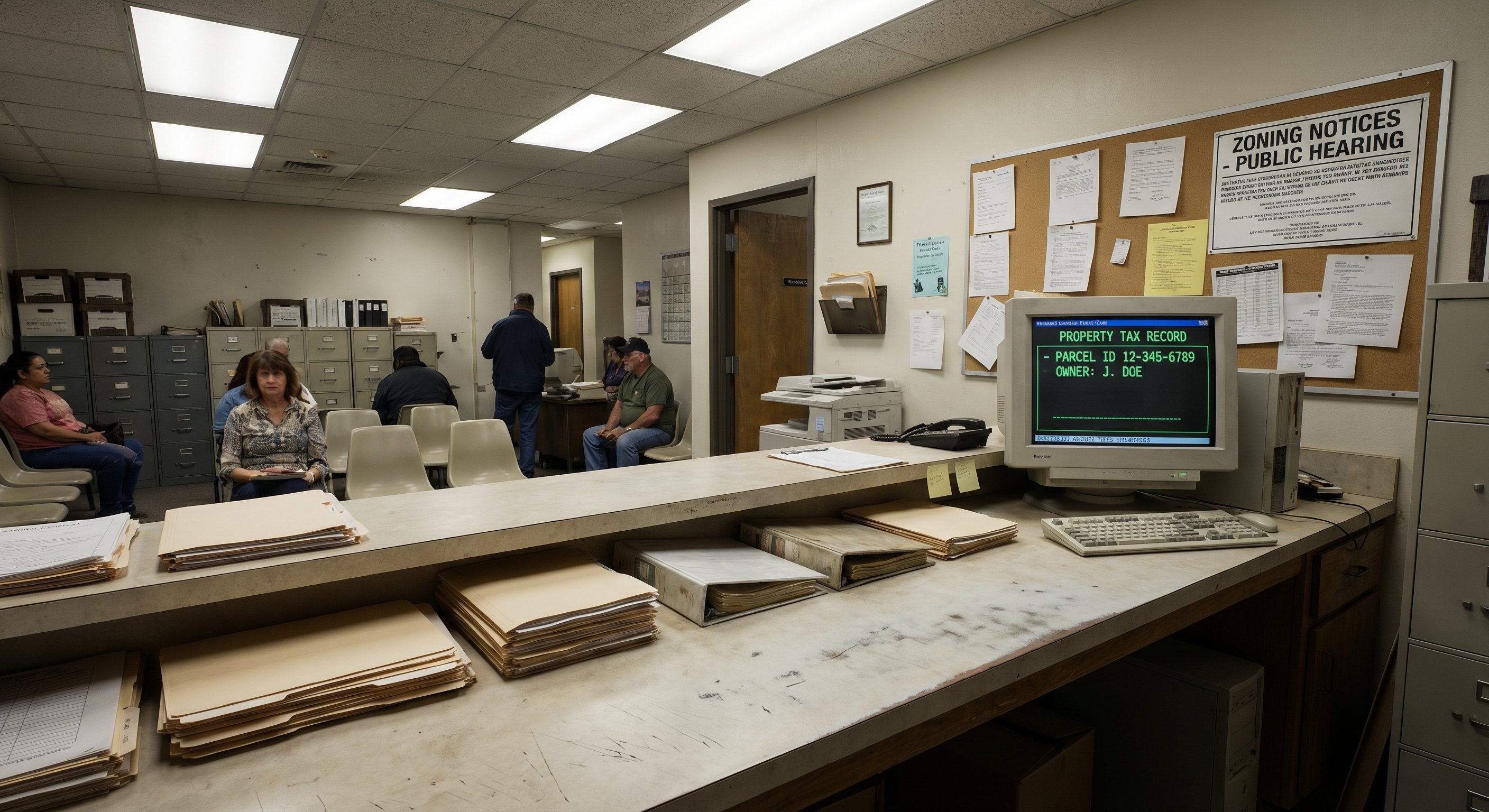 County assessor's office interior with property records and computer showing tax data