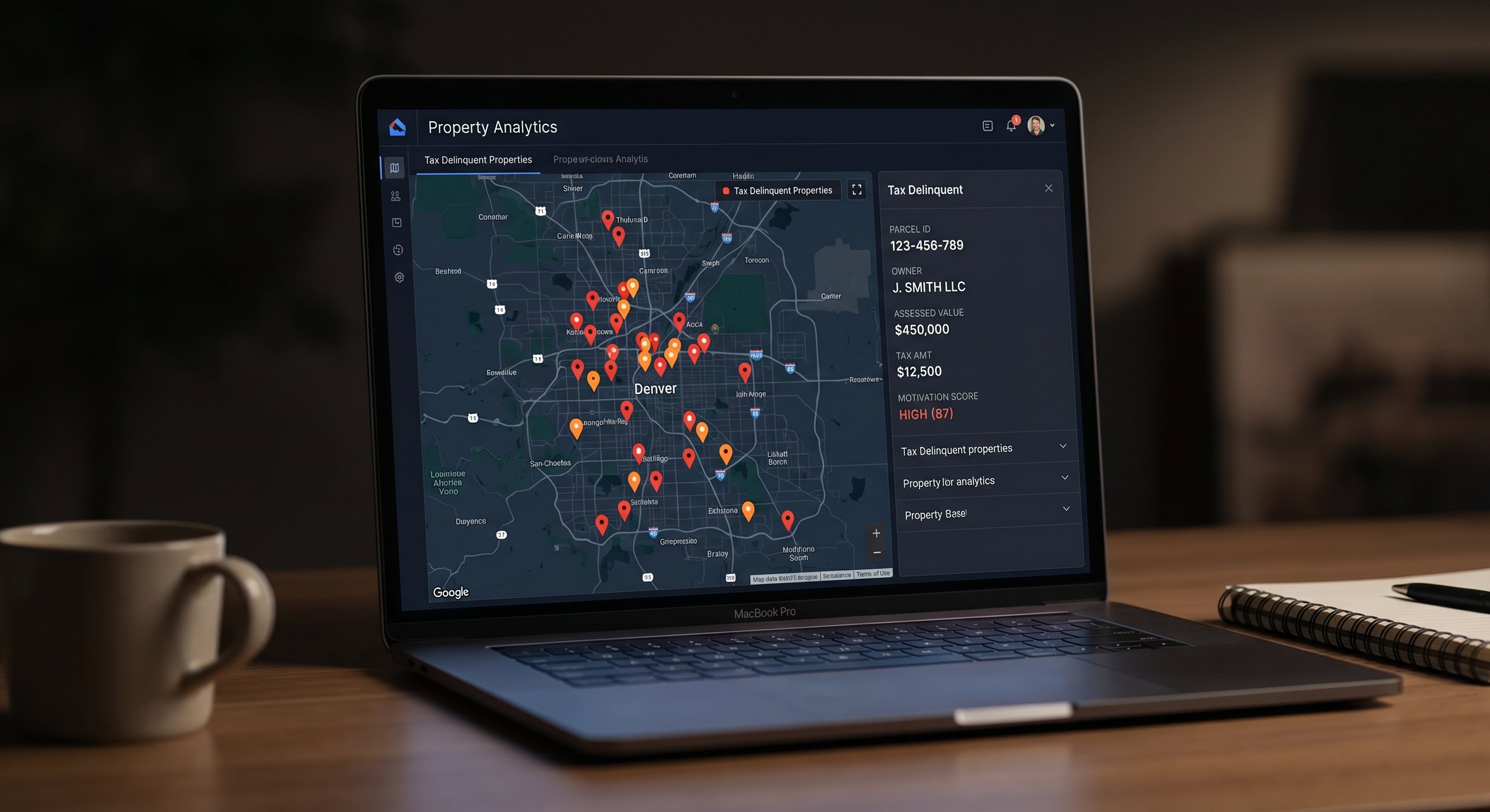 Property analytics dashboard showing distressed properties map and motivation scores in Denver metro area