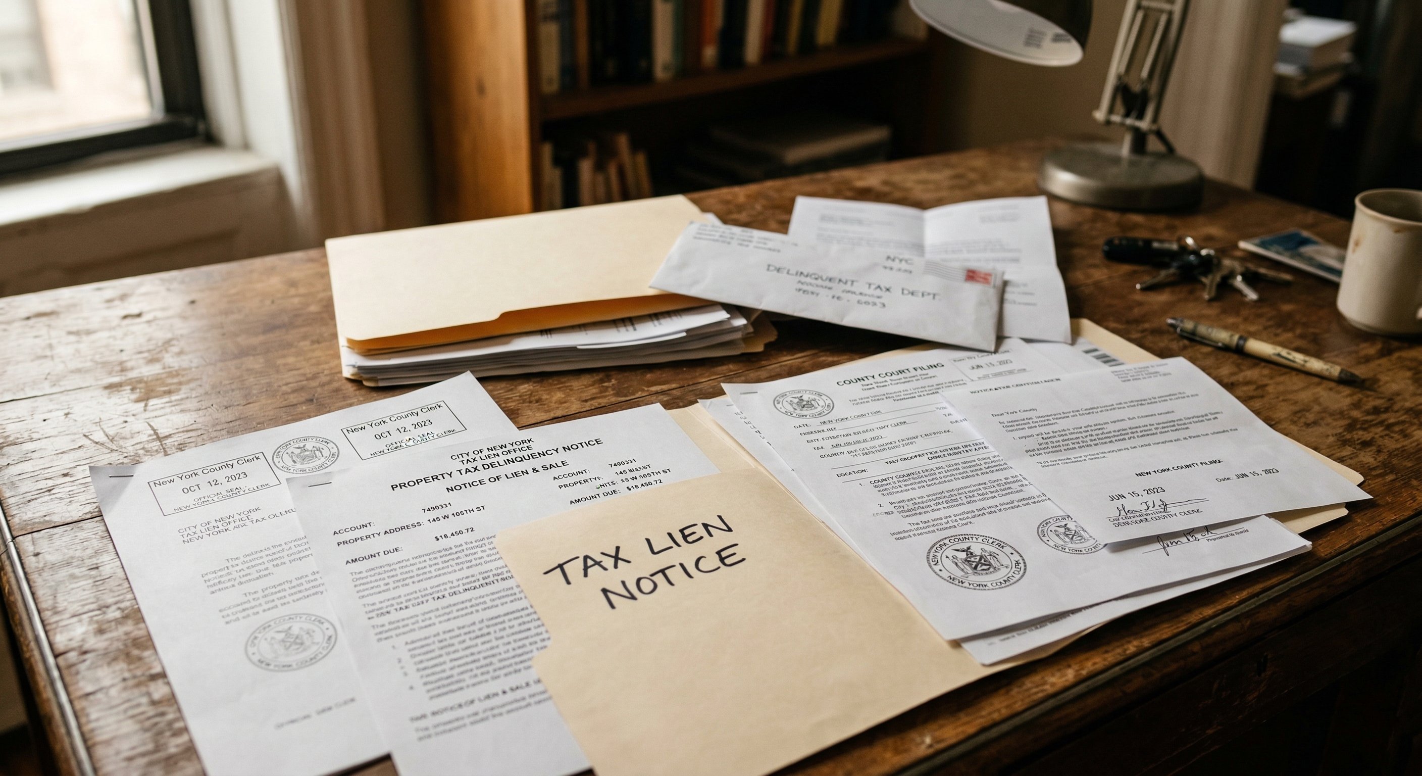 Close-up photograph of property tax delinquency notices and court filing documents spread on an aged wooden desk, New York County Clerk stamps visible, warm window light from camera left, shot on 50mm f/2.8, documentary photography.