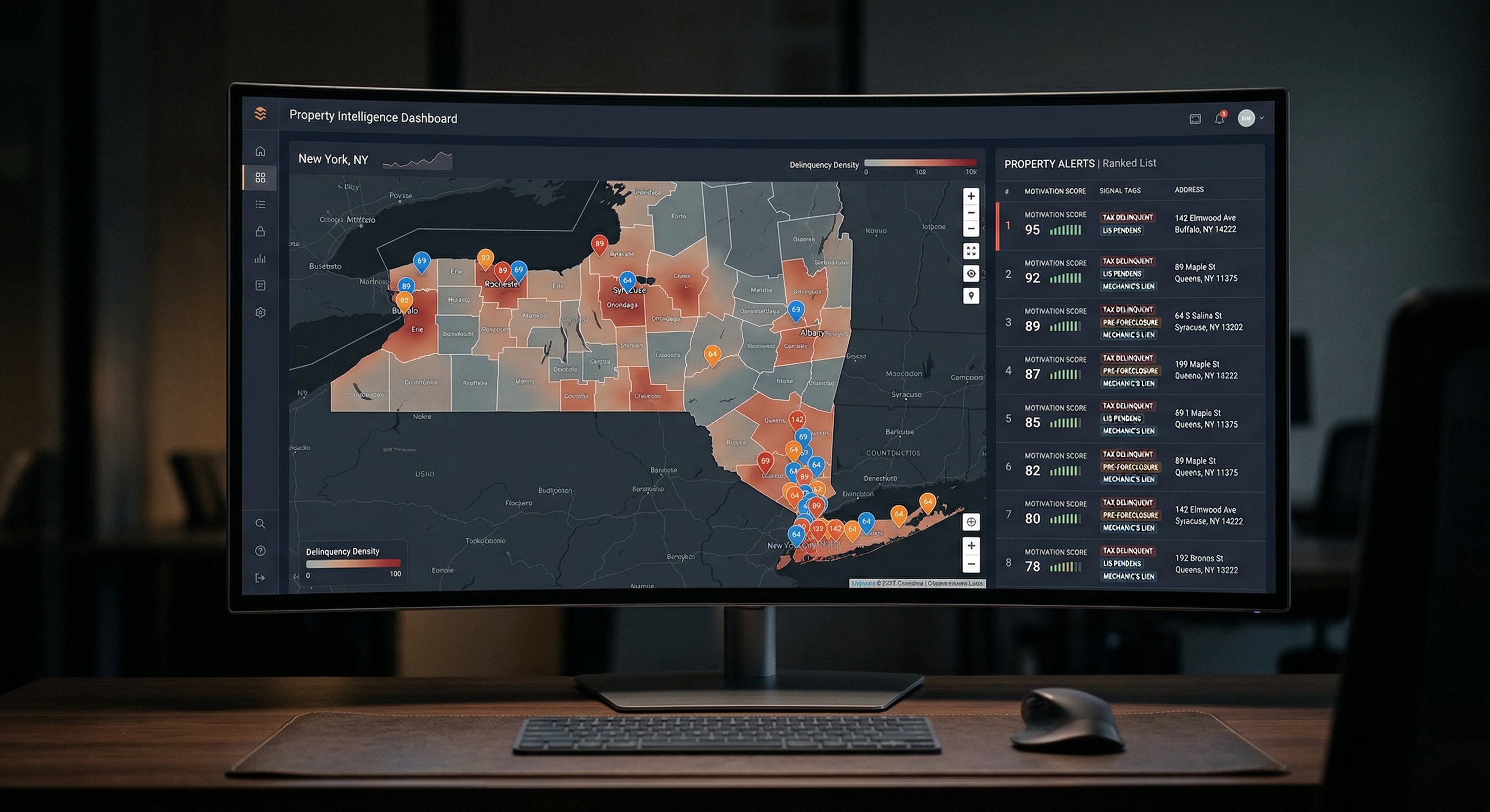 Stylized dark-themed digital dashboard mockup on a modern monitor showing a New York state map with colored pin clusters concentrated in outer boroughs and upstate cities, county-level data overlays, motivation score rankings in sidebar. Screen as subject, no person visible. Technology product photography, screen glow as primary light, shot on 85mm, shallow depth of field.