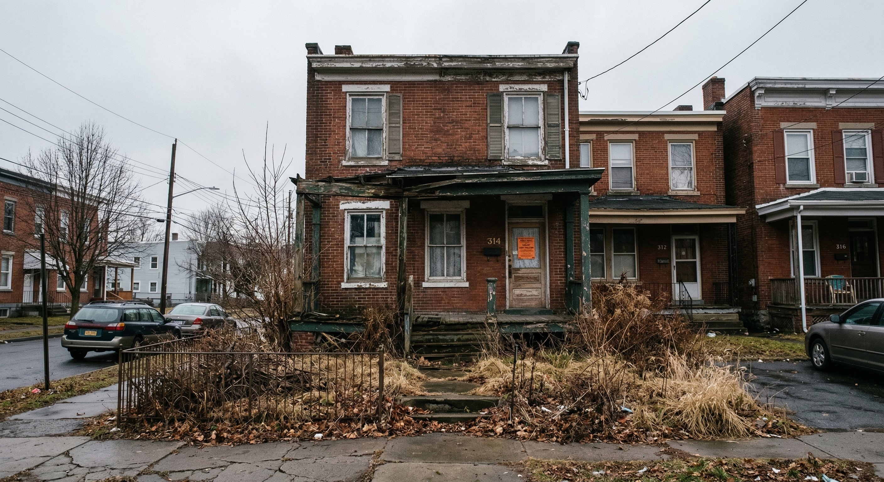 Street-level photograph of a neglected two-story brick rowhouse in an upstate New York city neighborhood with overgrown yard, peeling paint, and a notice on the front door — tax delinquent property signal. Documentary real estate photography.