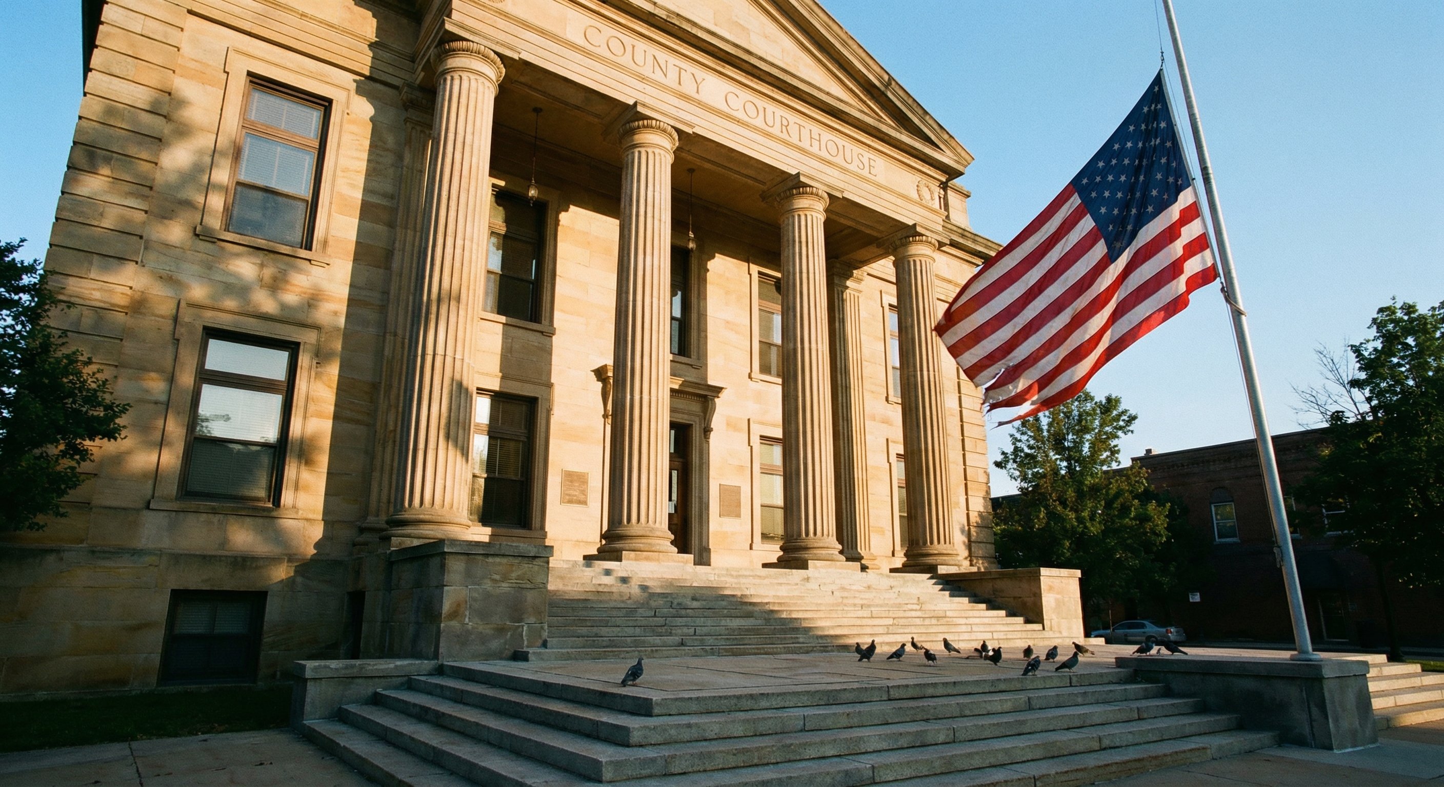 Tax lien investing for beginners concept: county courthouse steps at auction day