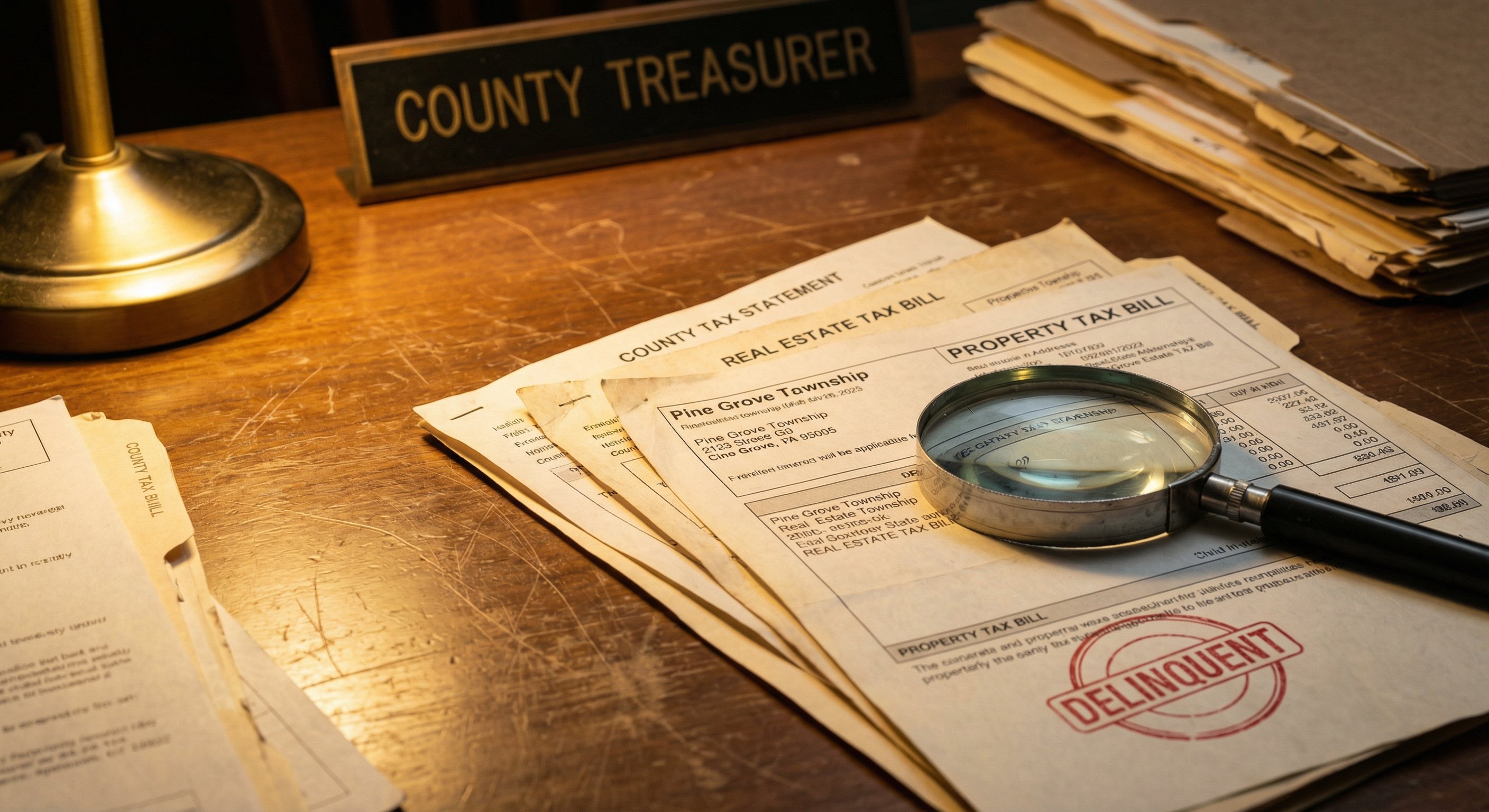 Tax lien certificate document on a county assessor's desk, showing property details and owed amount