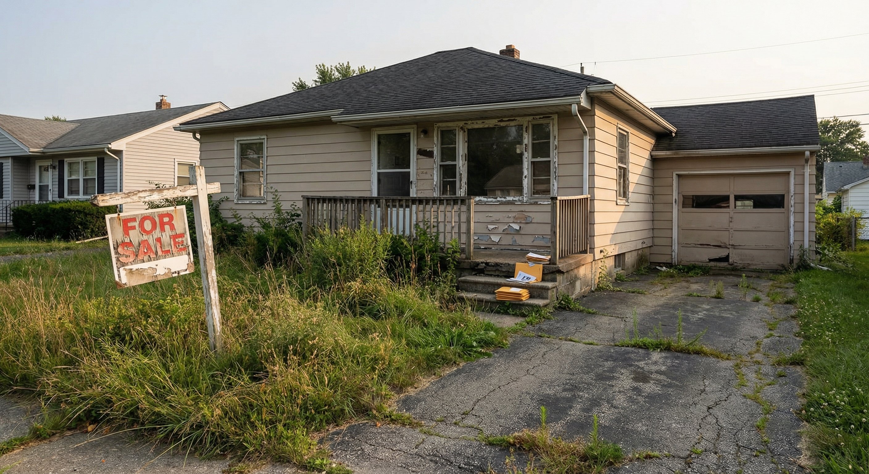 Overgrown brick ranch home with a visible code enforcement notice, a common profile for tax delinquent properties