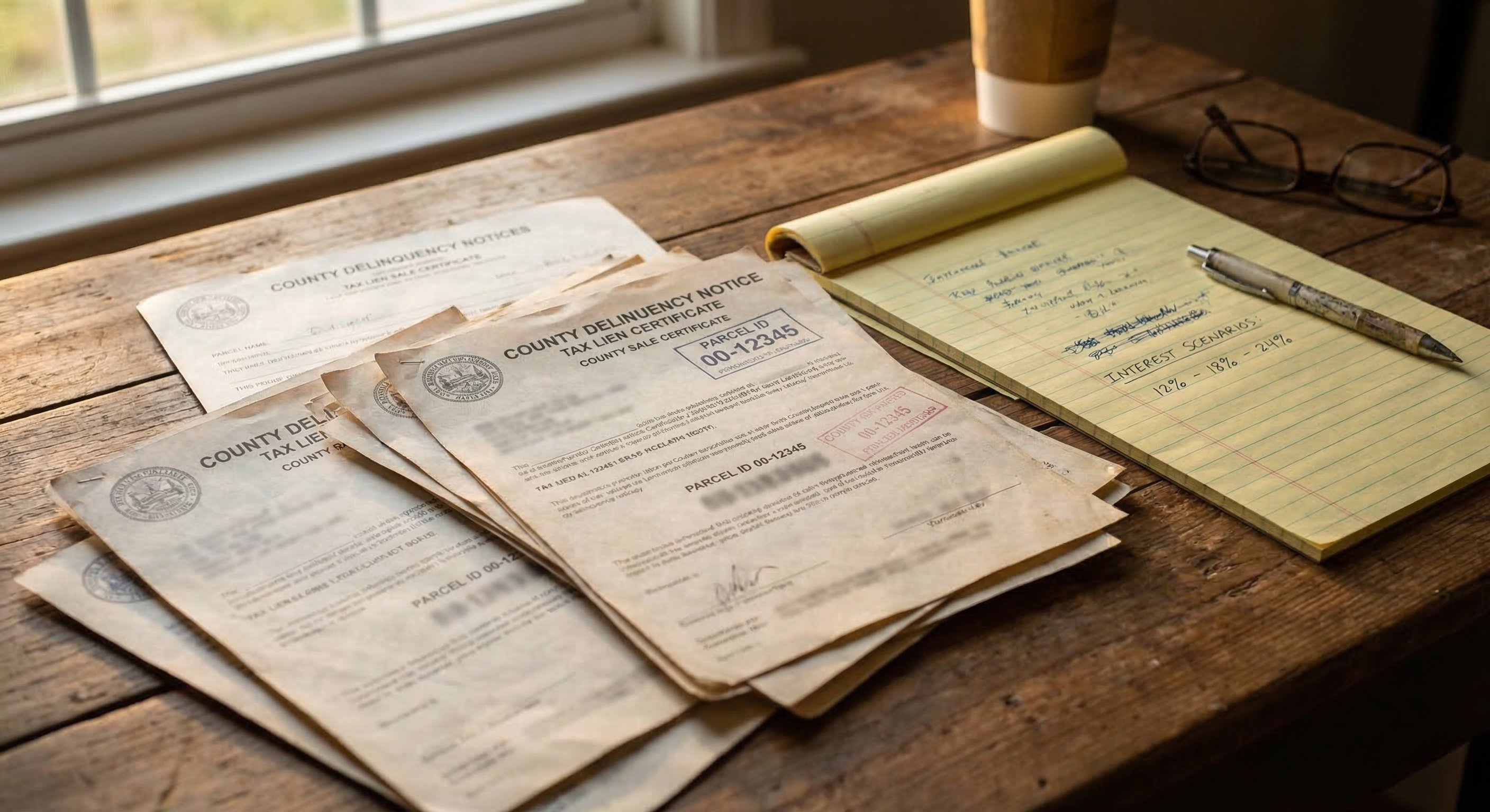 Tax lien sale certificates and delinquency notices spread on a wooden desk with investor calculations on a notepad