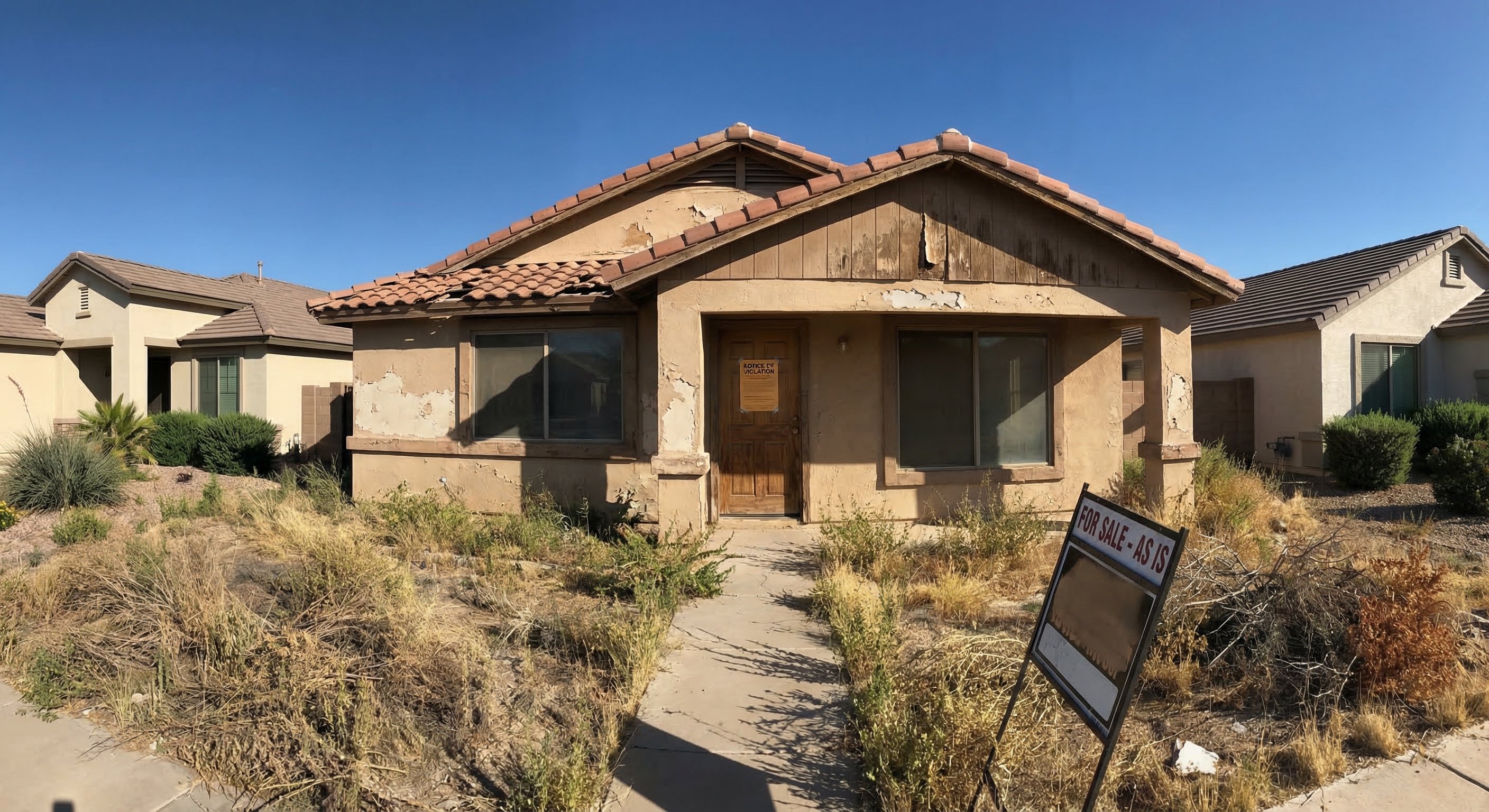 Neglected single-story Arizona ranch home with tan stucco exterior, overgrown yard, and notice on front door in a Phoenix-area suburban neighborhood