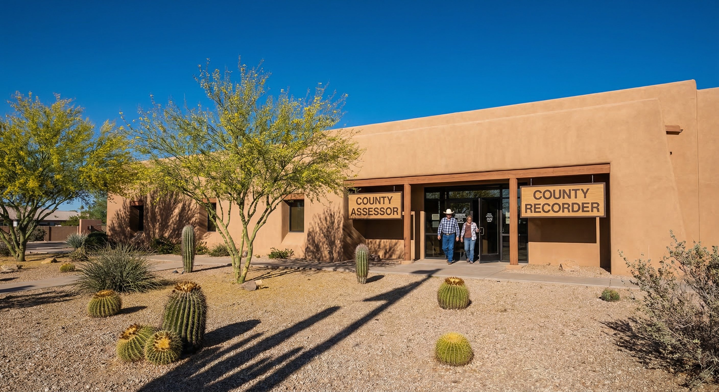 Arizona county government building with assessor and recorder signage, desert landscaping with barrel cactus and palo verde trees in foreground