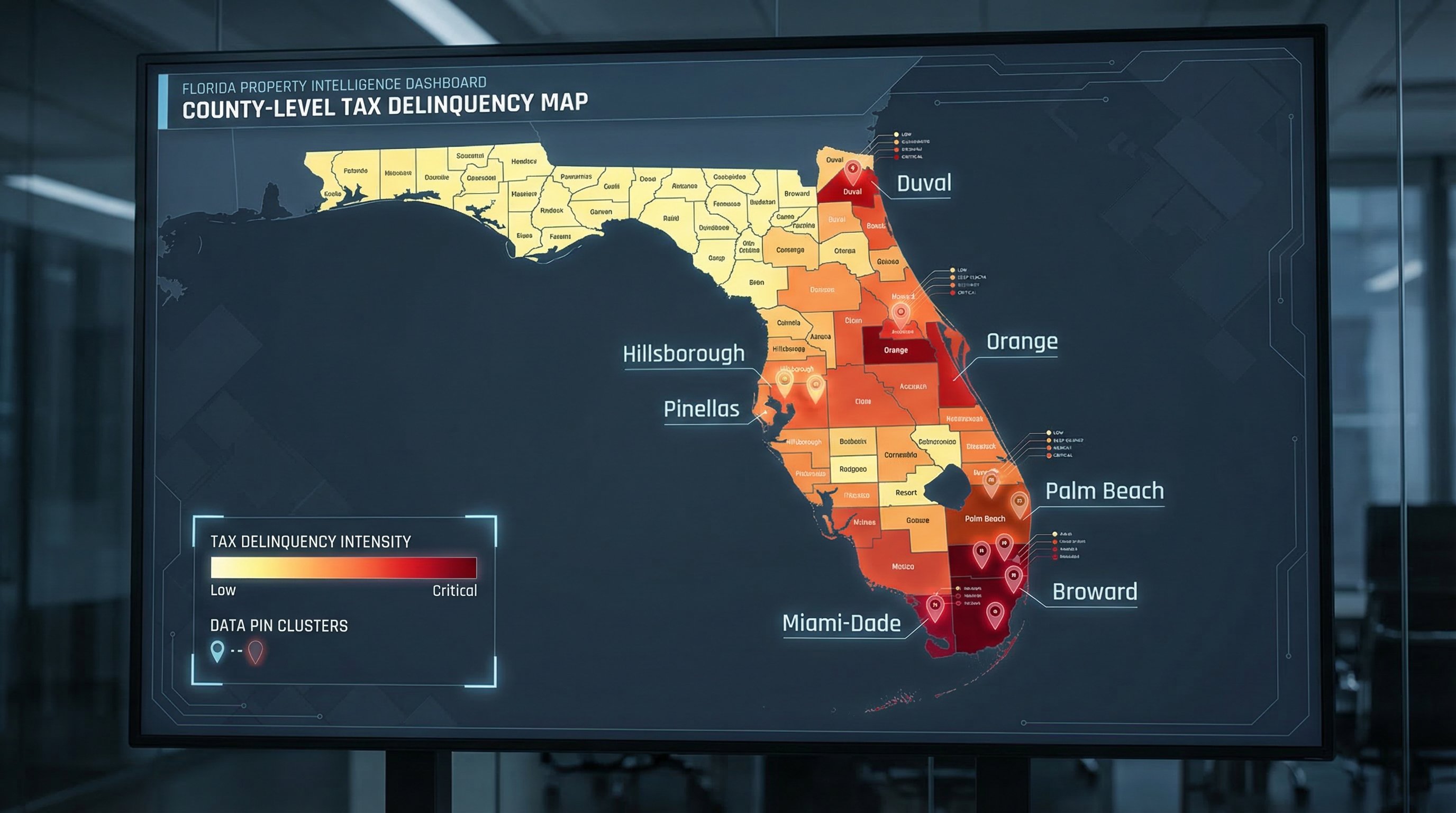 Florida county tax lien data map showing delinquency rates by county, editorial data visualization