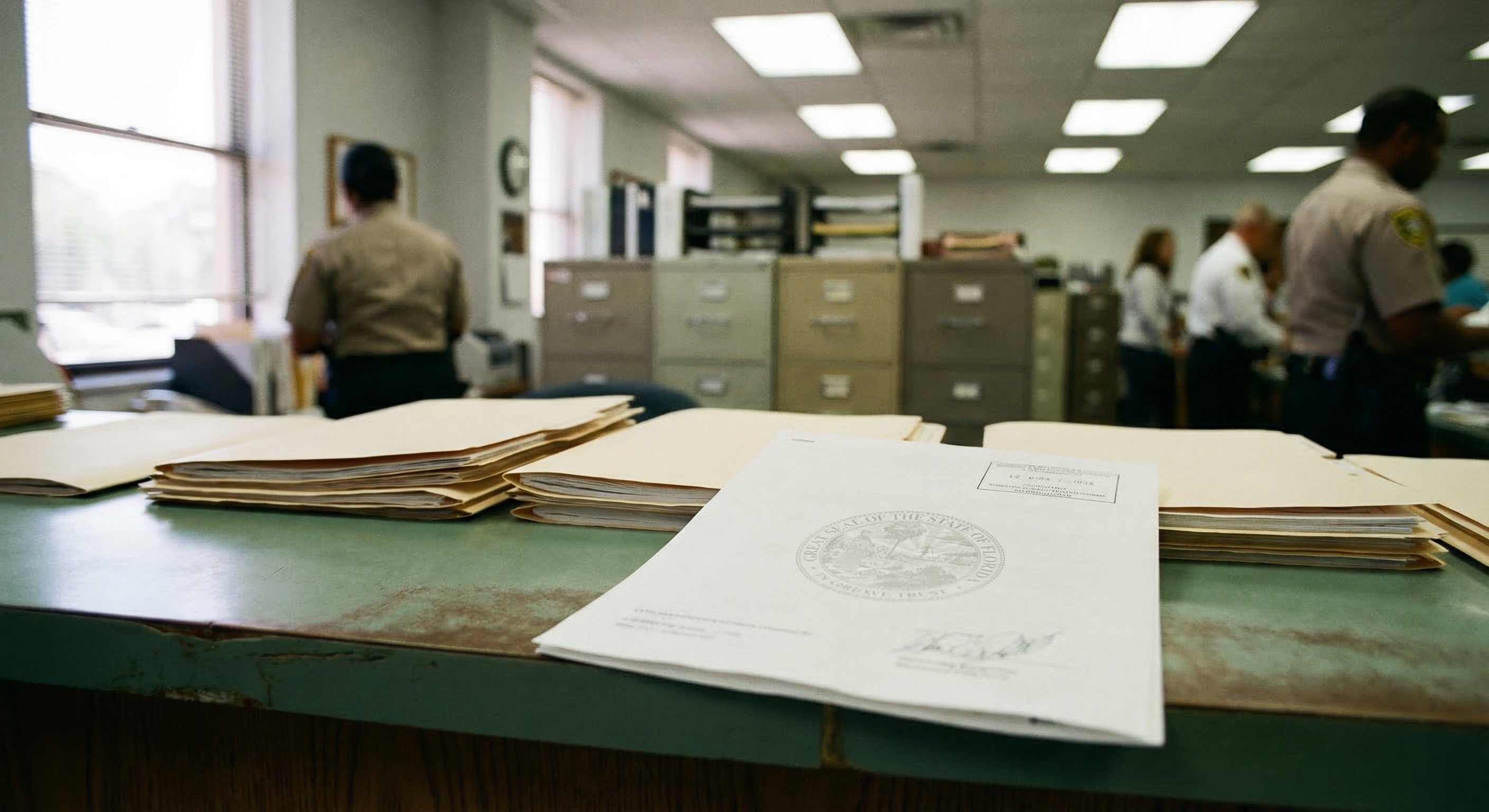 Florida tax lien certificate documents and county auction software on clerk's desk, documentary government office photography