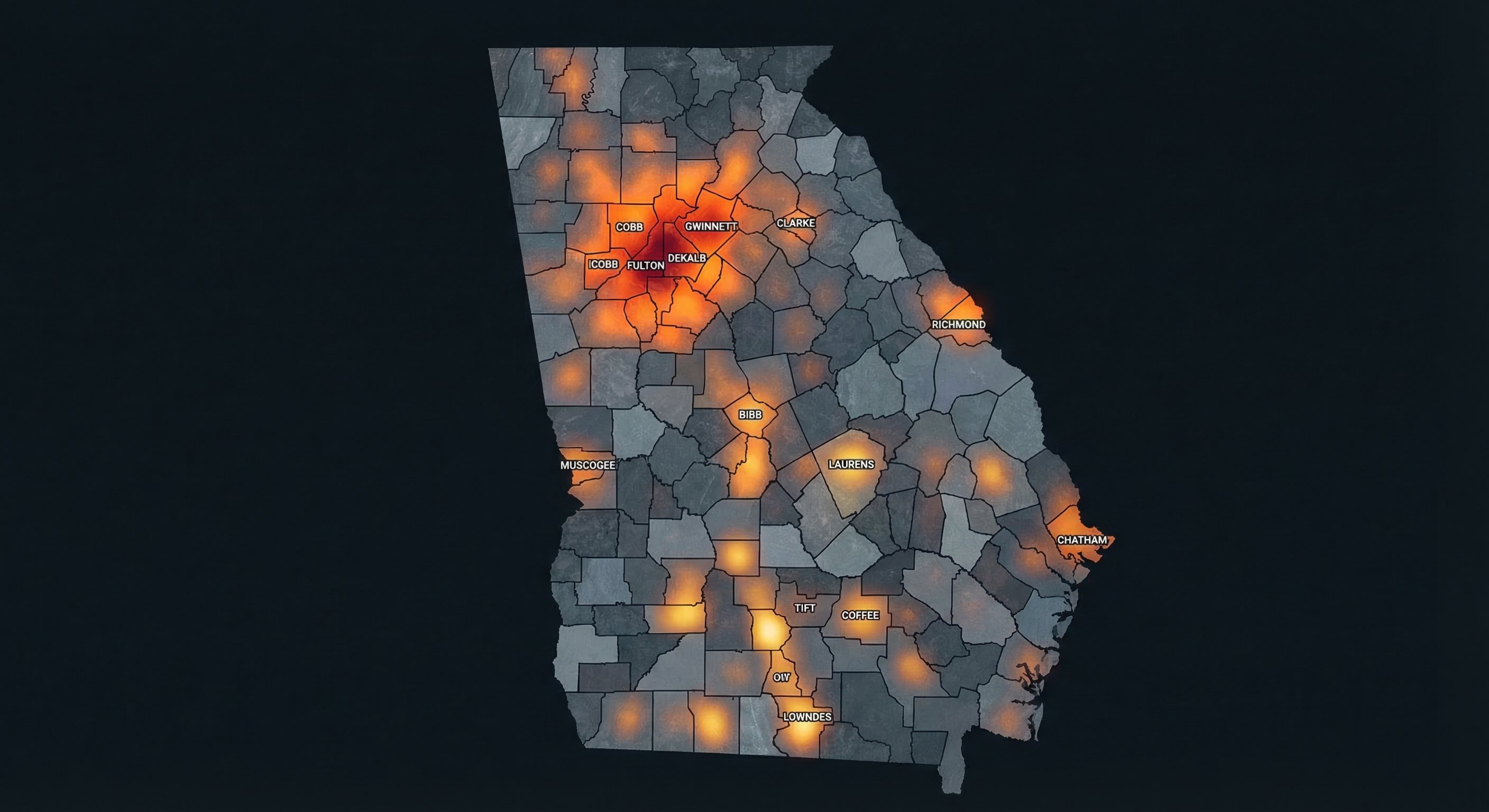 Georgia county map with heat map overlay showing tax delinquency concentration across metro Atlanta and rural counties