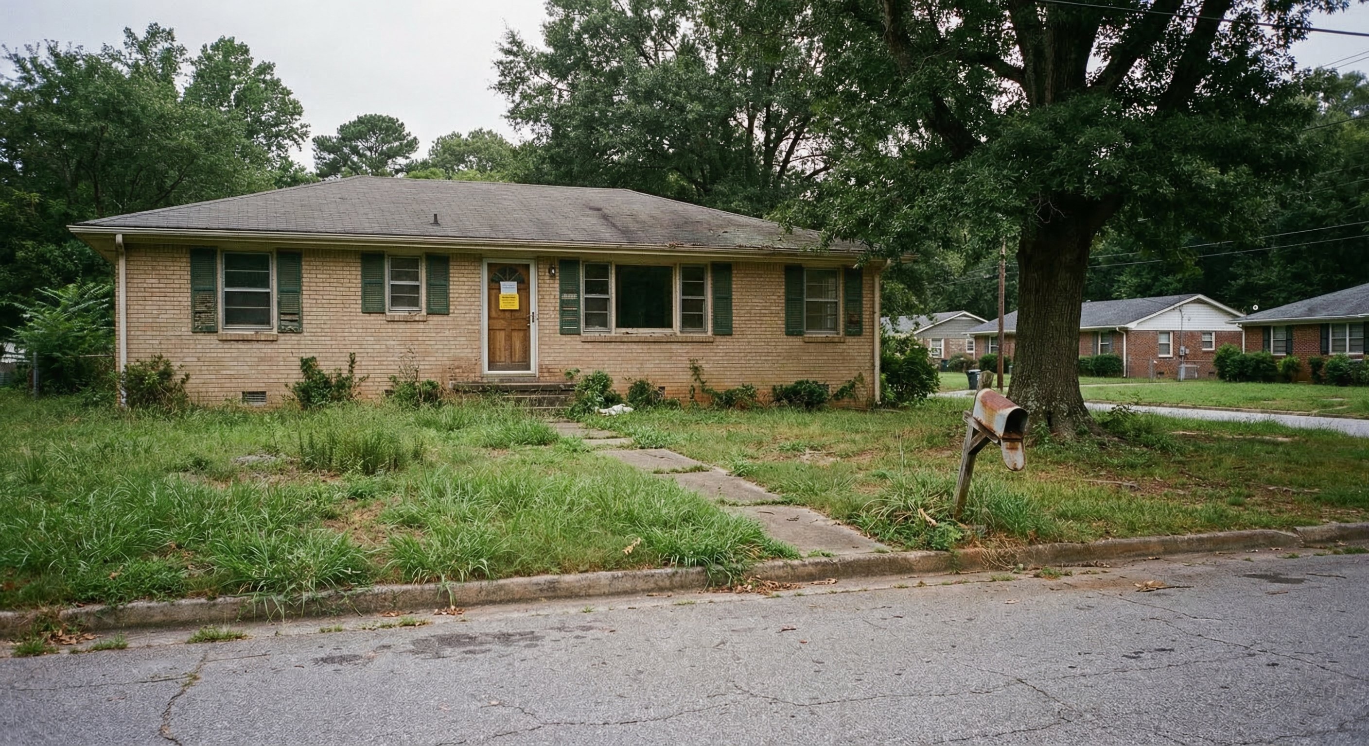 Brick ranch home in suburban Atlanta with overgrown lawn, peeling trim, and a county notice on the front door — a typical distressed Georgia property facing tax levy