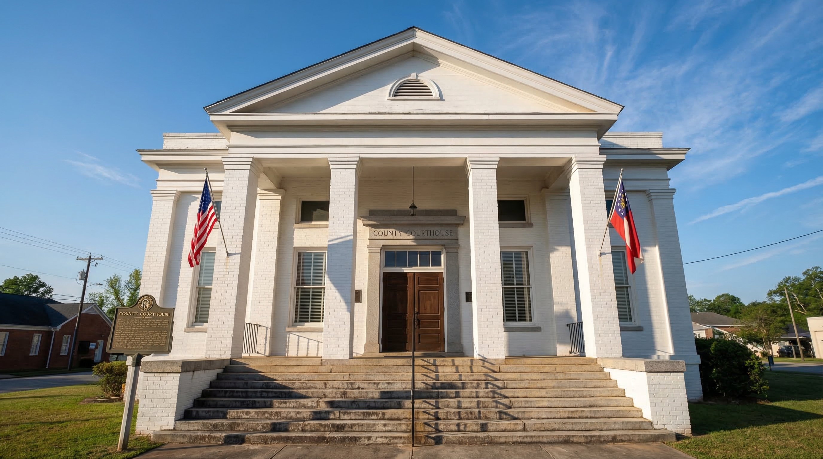 Georgia county courthouse with neoclassical columns and stone steps — tax levy sales are held here on the first Tuesday of each month