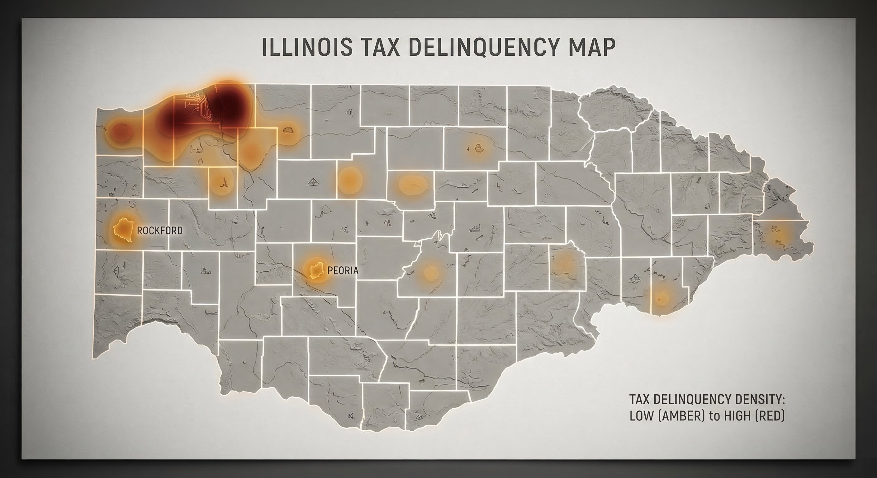 Stylized Illinois county map showing property tax delinquency heat clusters concentrated around Chicago metro, Peoria, and Rockford with amber and red overlays