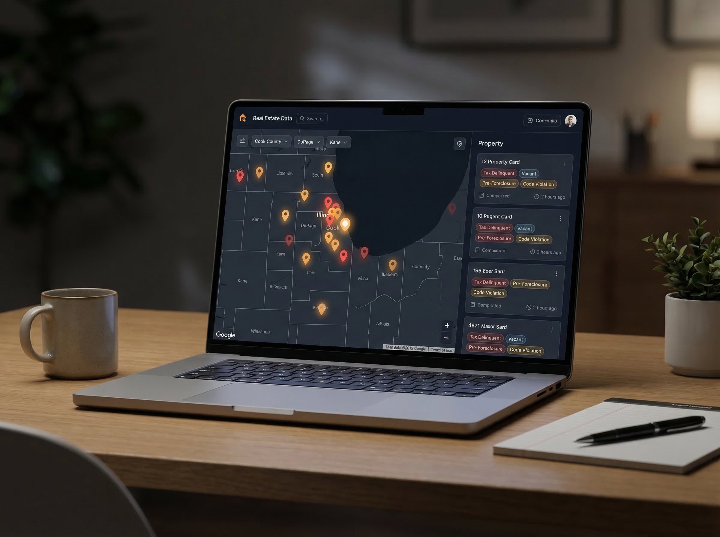 Dark-themed property intelligence dashboard showing Illinois tax-delinquent properties filtered by county with stacked signal scores and delinquency amounts