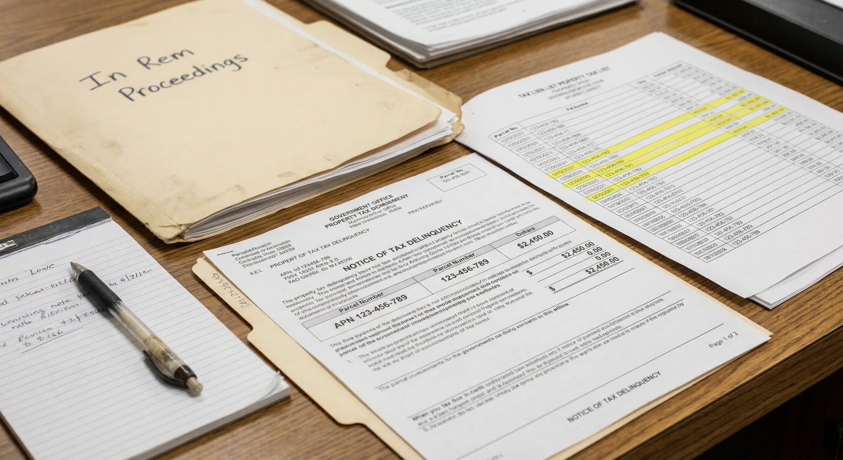 Official New York State property tax delinquency documents and printed lien list spread on a government office desk, showing county assessor records