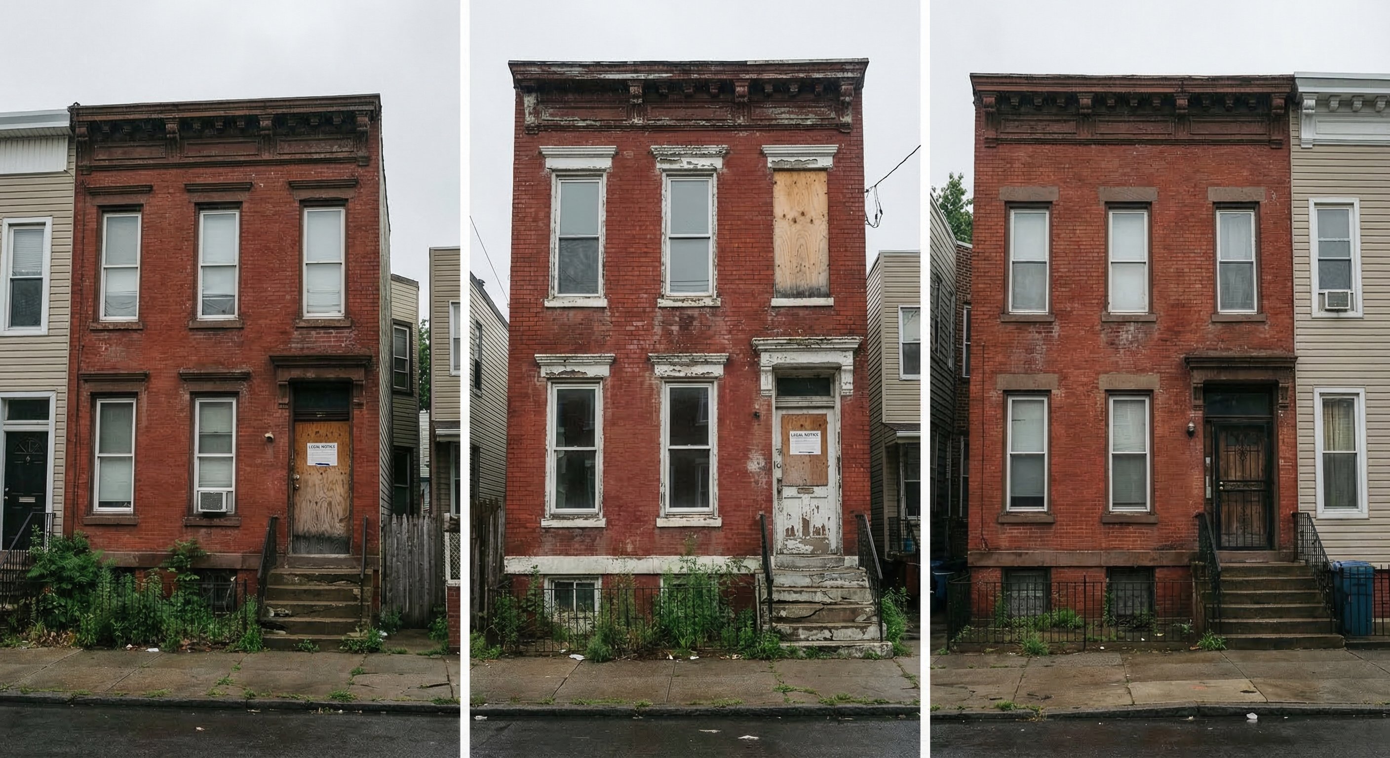 Three-story red brick New York rowhouse with visible neglect — cracked stoop, peeling window trim, and tax notice on the door — showing pre-foreclosure property condition