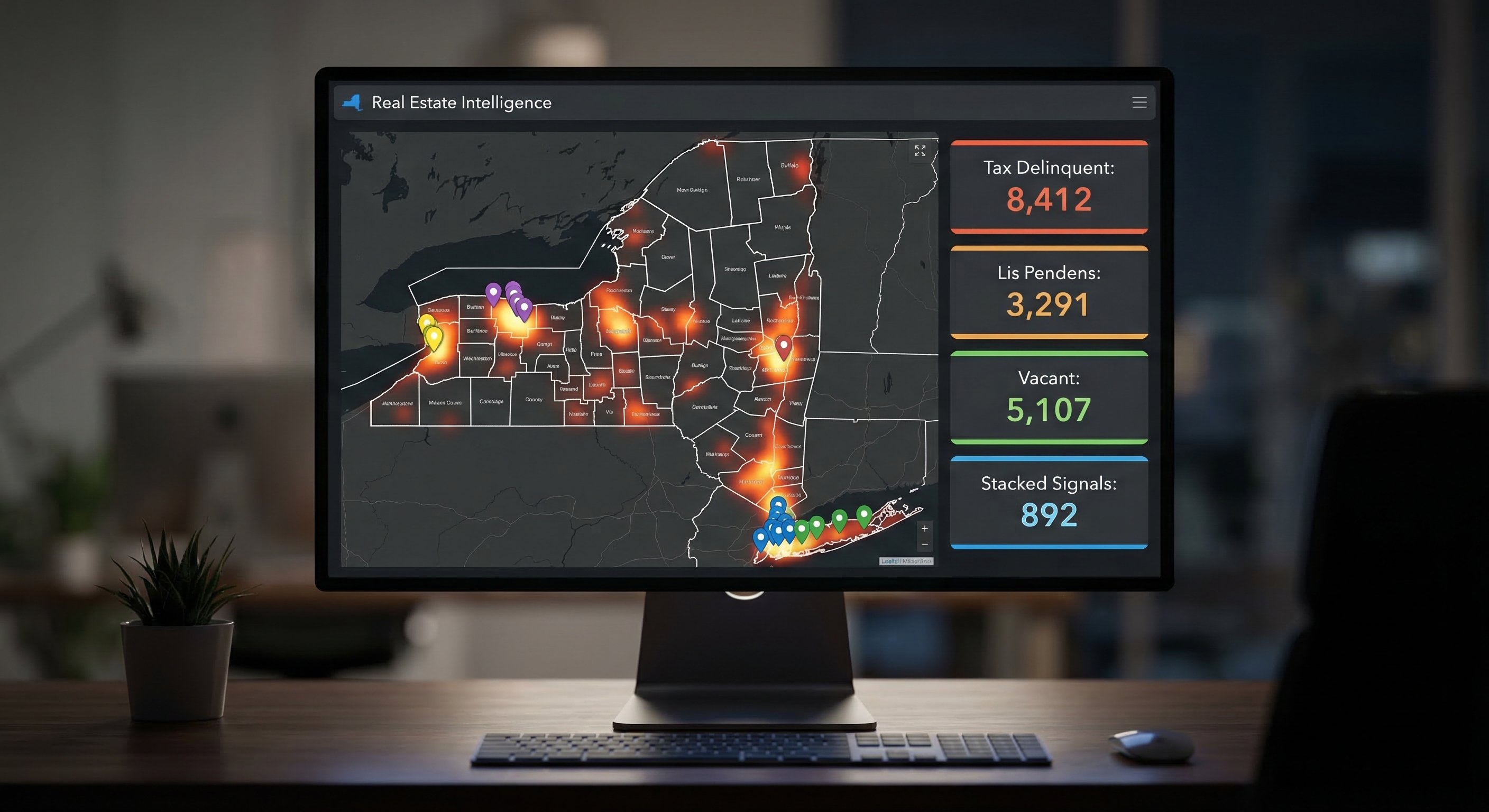 Dark-themed real estate intelligence dashboard displaying New York state map with distress signal heat map and stacked tax delinquency leads for investor analysis