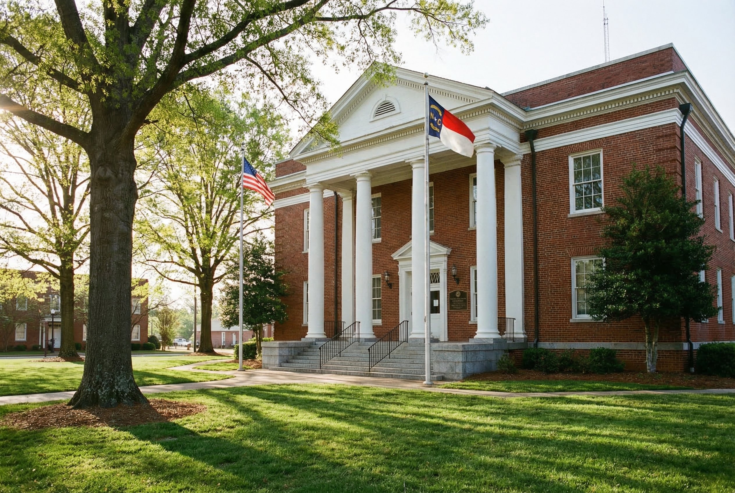 North Carolina county courthouse with neoclassical brick facade, white columns, and stone steps under a clear blue sky
