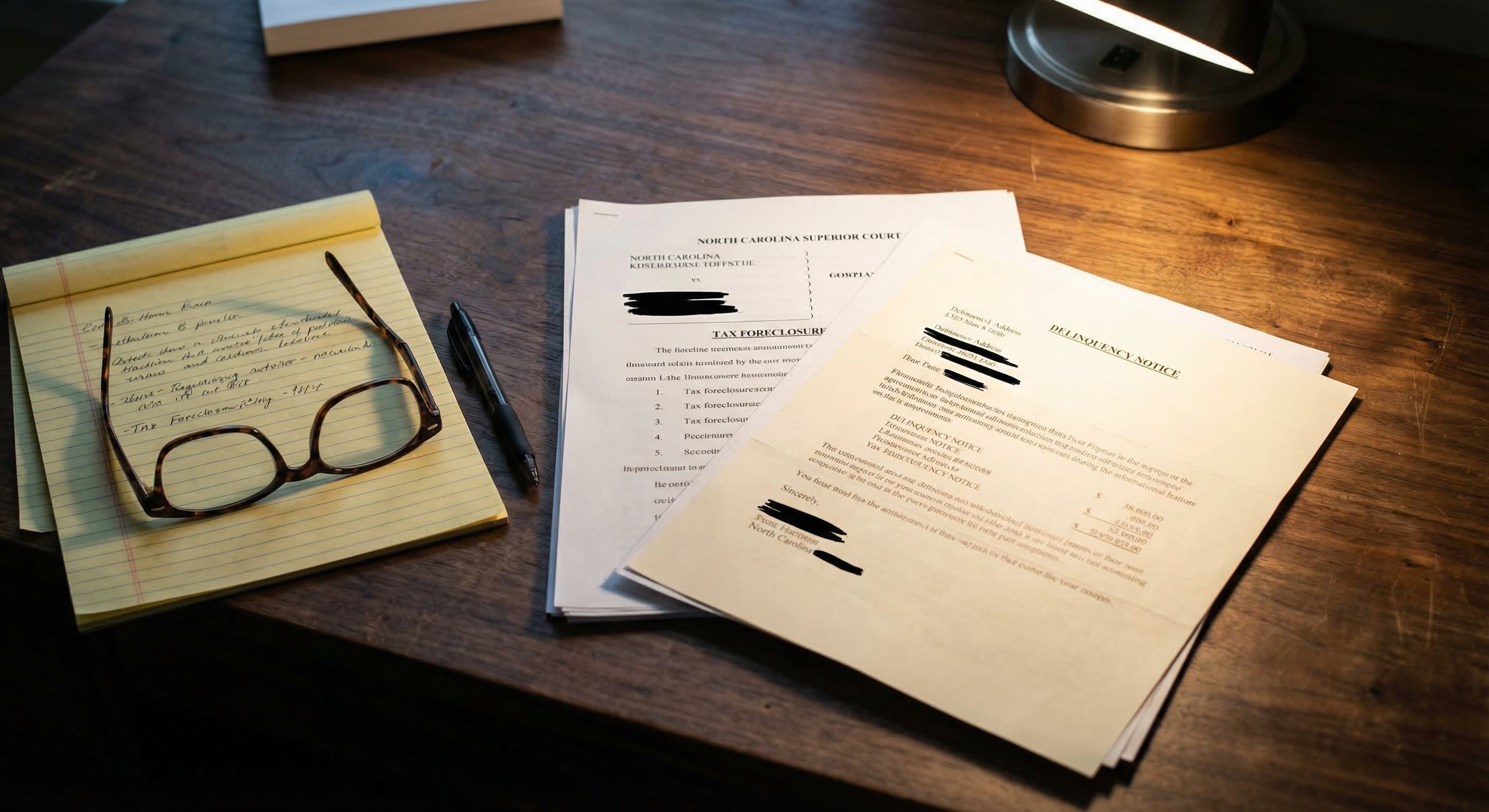 Official North Carolina property tax delinquency notice and multi-page foreclosure complaint document spread on a wooden desk with a legal pad, reading glasses, and pen