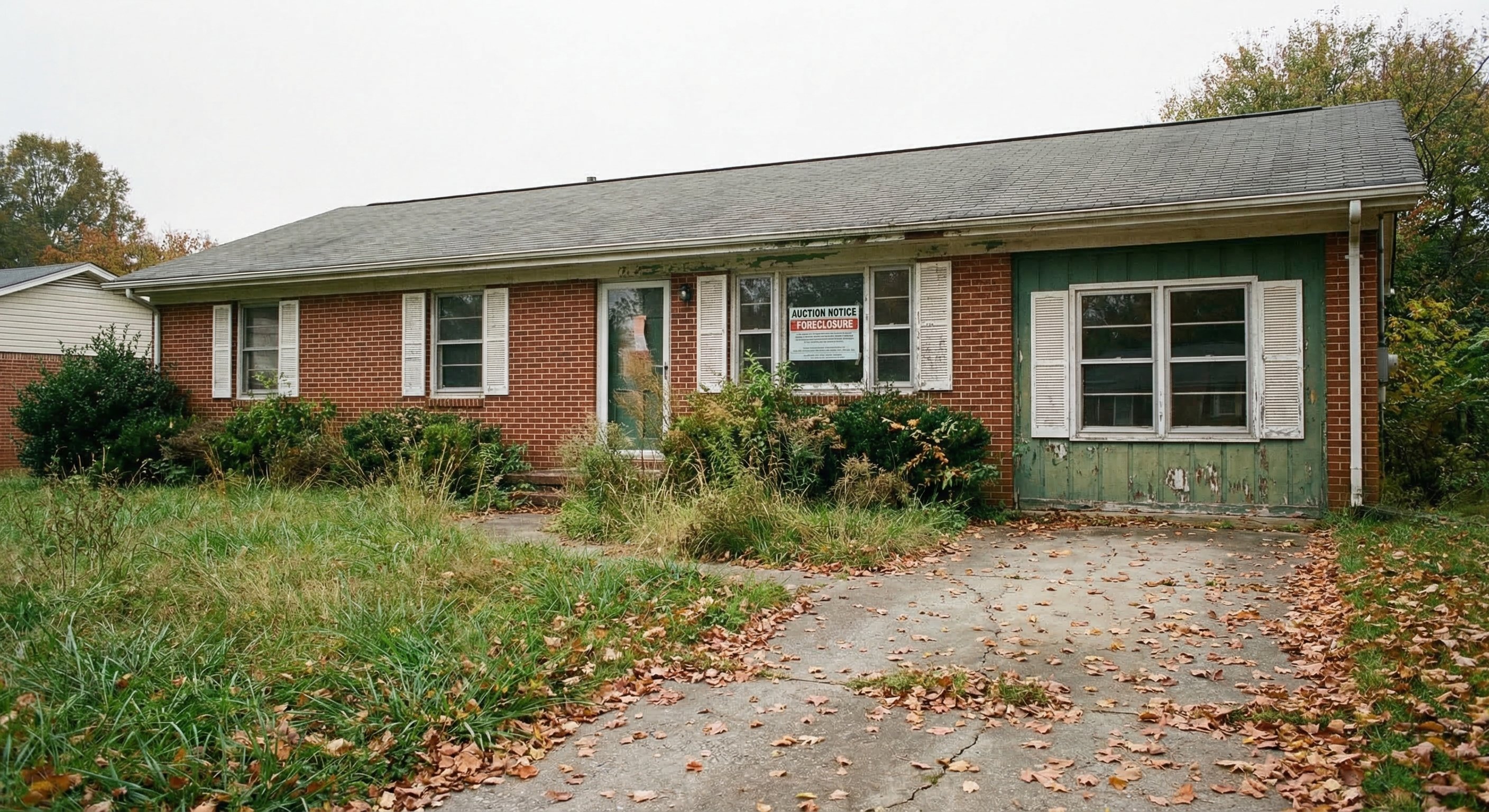 Single-story brick ranch home in a North Carolina neighborhood with overgrown lawn, weathered for-sale sign, and autumn leaves on the driveway, overcast light