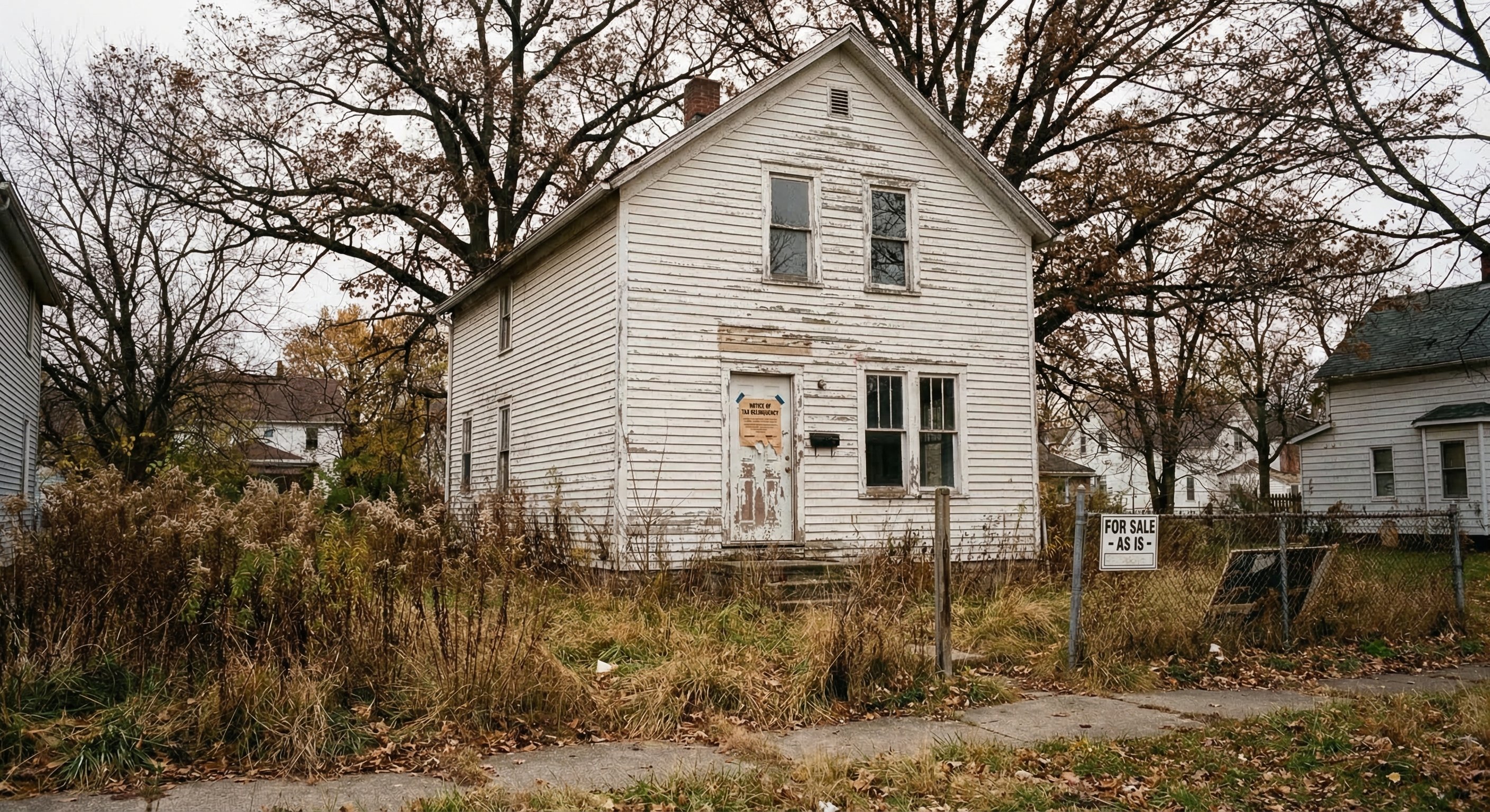 Vacant two-story Midwest frame home in Cleveland with overgrown lawn, peeling paint around windows, and large oak trees lining the sidewalk — a classic Ohio tax-delinquent property profile
