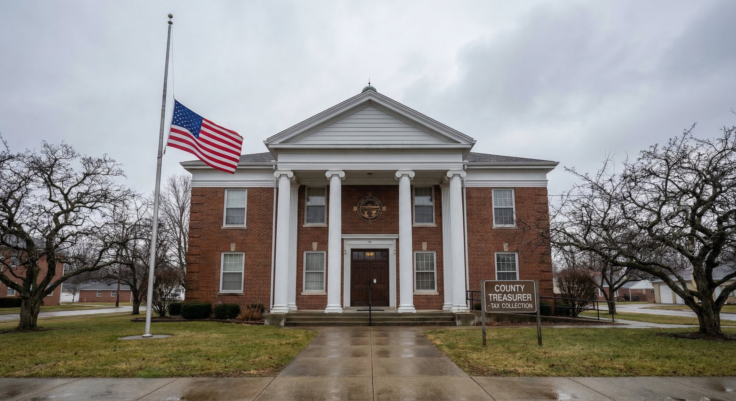Ohio county courthouse exterior — classic mid-century red brick building with county treasurer placard and American flag, framed by bare oak trees under an overcast Midwest sky