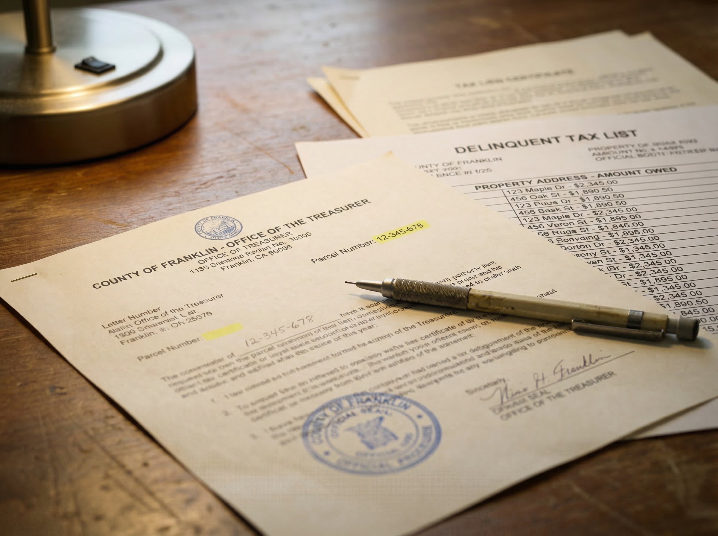 Tax lien certificate documents, county delinquent property tax list on legal paper, and highlighted parcel numbers spread on a wooden desk with official county seal visible