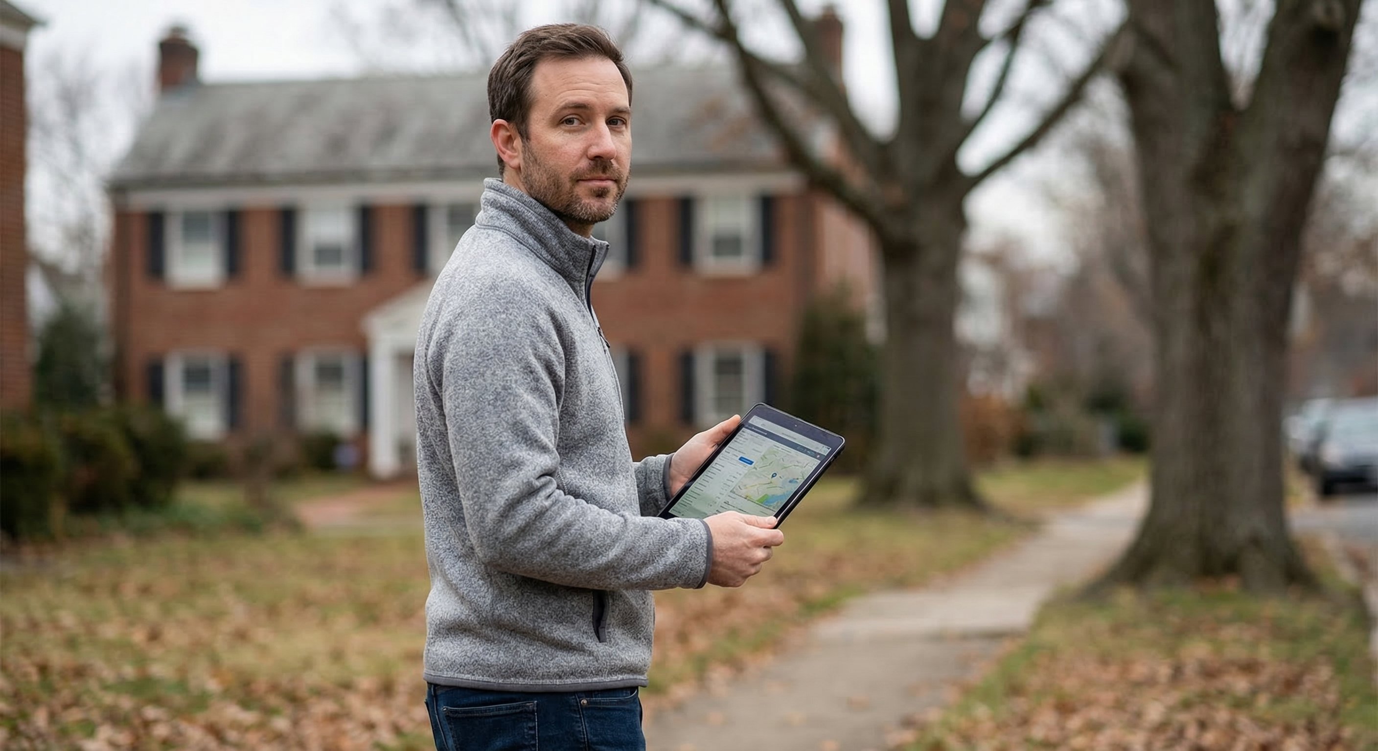 Real estate investor in gray fleece jacket standing in front of a red-brick Colonial home in Columbus, Ohio, reviewing property data on a tablet with mature street trees behind him