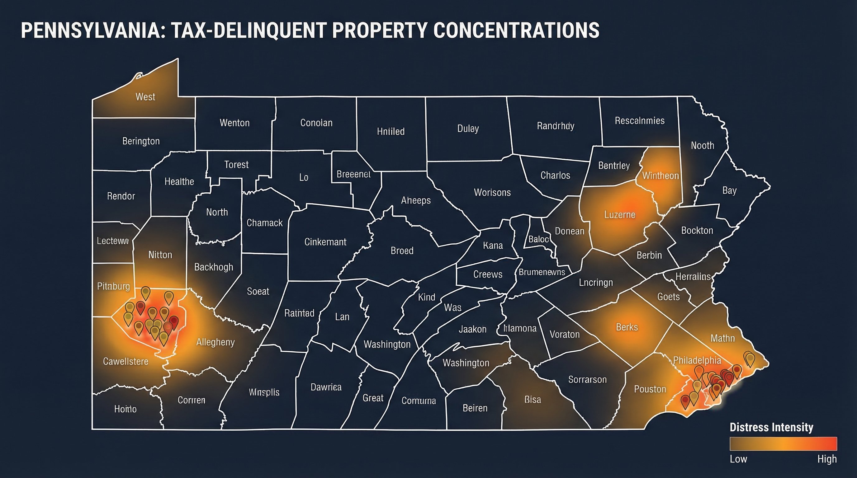 Pennsylvania county tax delinquency map showing distress concentration across Allegheny, Philadelphia, Luzerne, and Berks counties